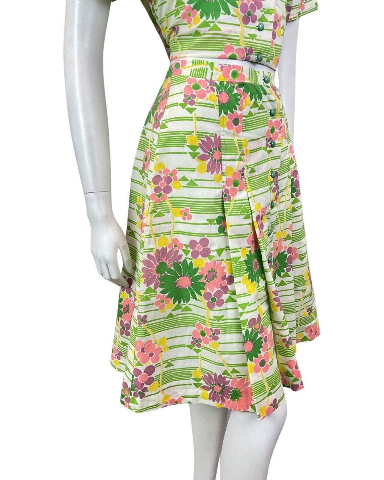 VINTAGE 60s 70s GREEN WHITE PINK STRIPED FLORAL MOD TWO-PIECE SHIRT SKIRT 10