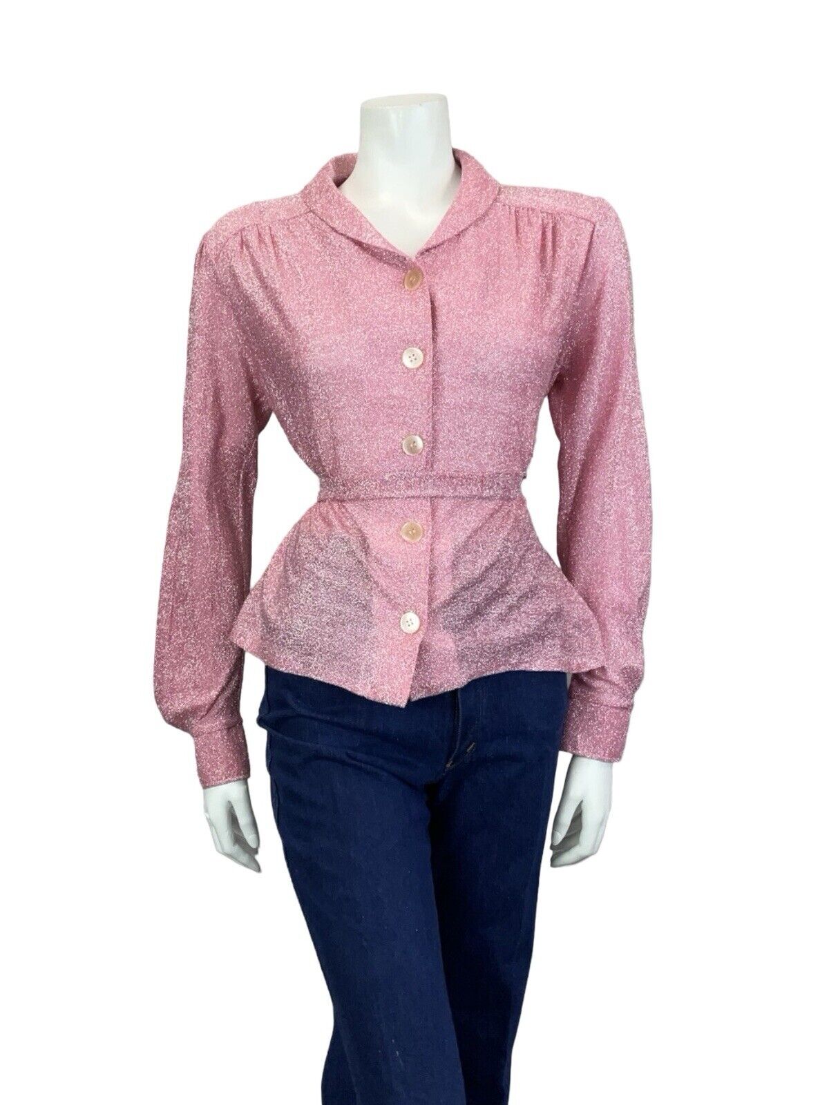 VTG 60S 70S SAILOR COLLAR PINK LUREX BUTTON DOWN TIE WAIST PARTY SHIRT 12 14 M
