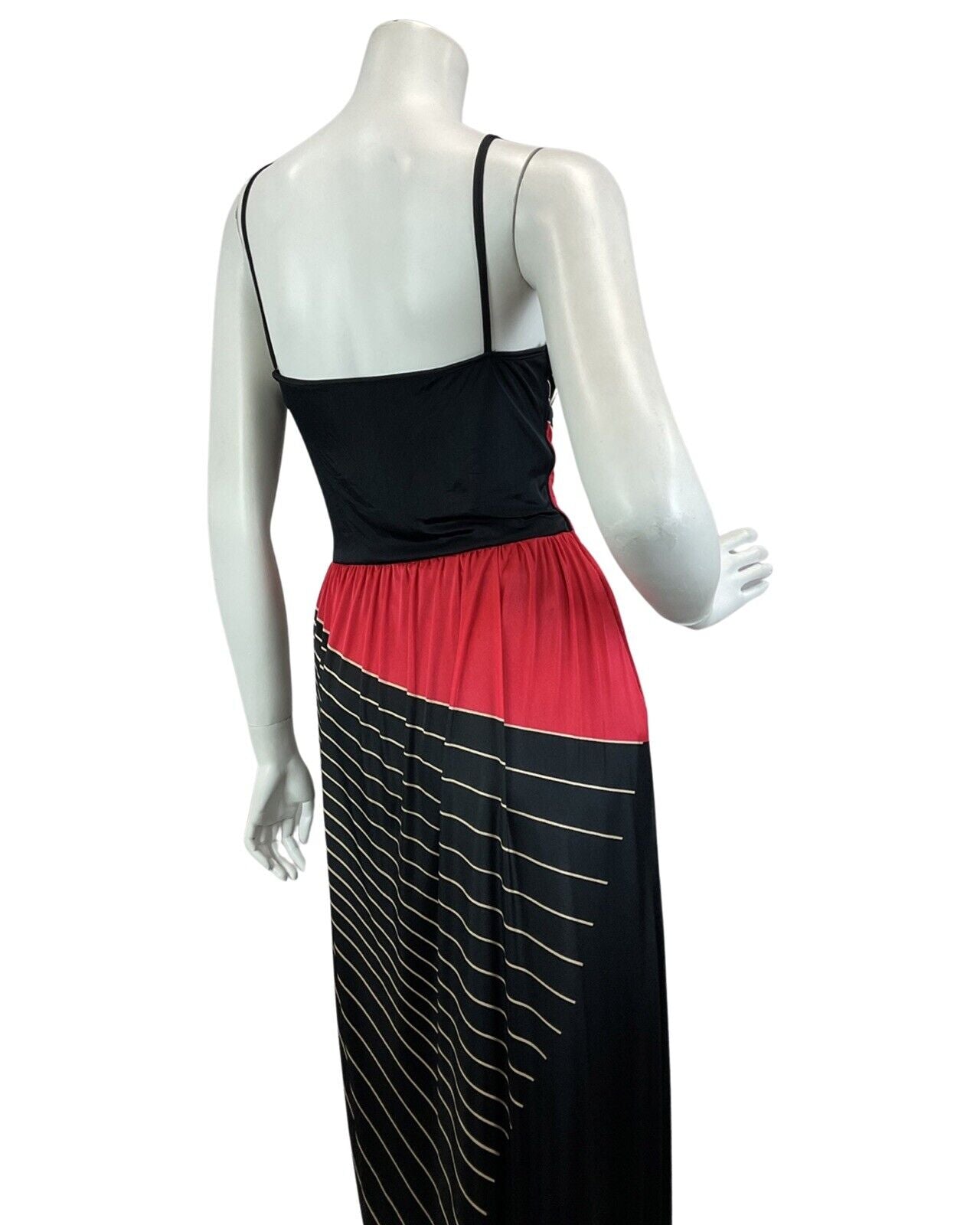 VINTAGE 60s 70s BLACK RED GOLD ABSTRACT PRINT DISCO BOHO FOLK MAXI DRESS 10