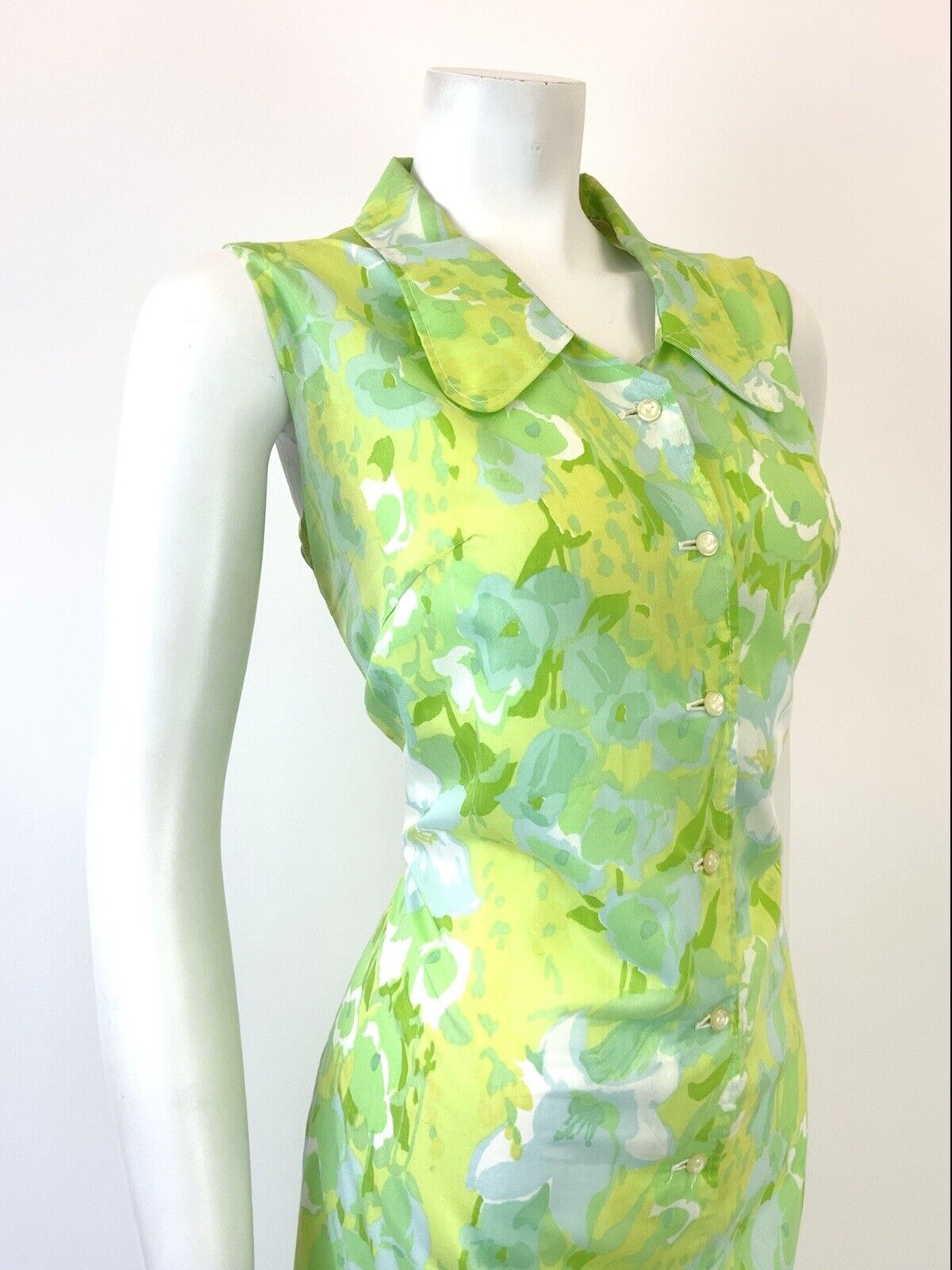 VTG 60s 70s GREEN BLUE YELLOW PSYCHEDELIC FLORAL SPOON COLLAR MOD DRESS 14 16