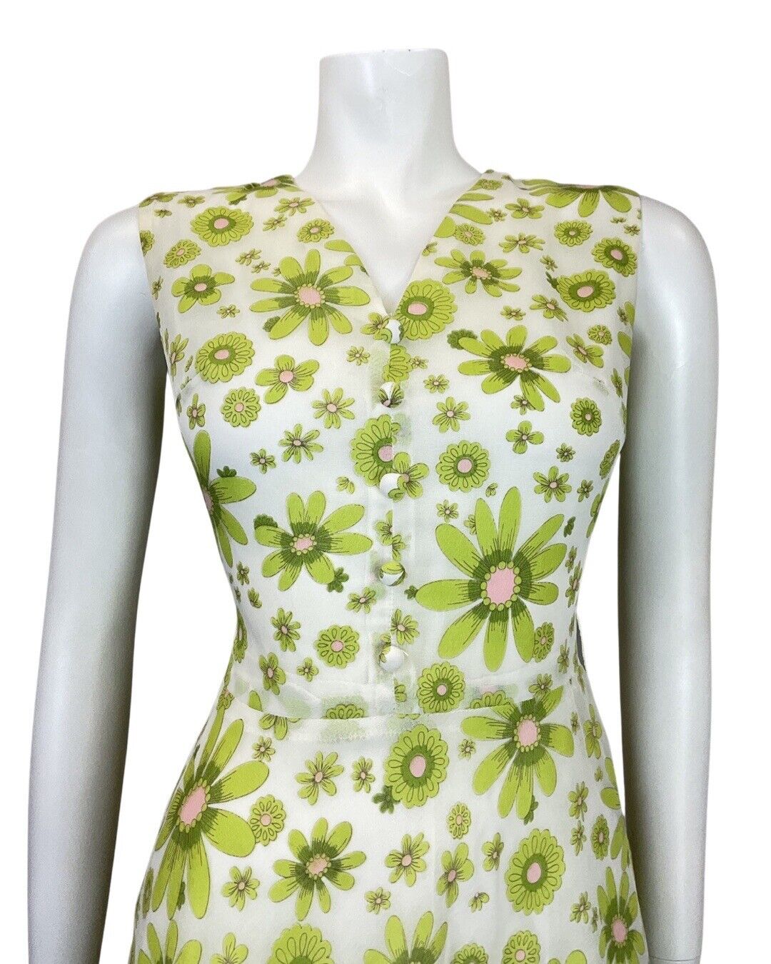 VINTAGE 60s 70s GREEN WHITE PINK FLORAL DAISY MOD SLEEVELESS SWING DRESS 8 10