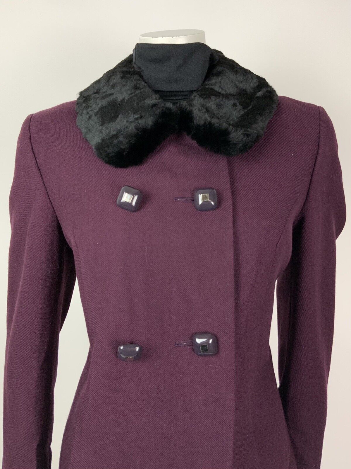 VTG 60s 70s PLUM PURPLE BLACK FUR TRIM PRINCESS MOD WOOL SHORT COAT 12 14