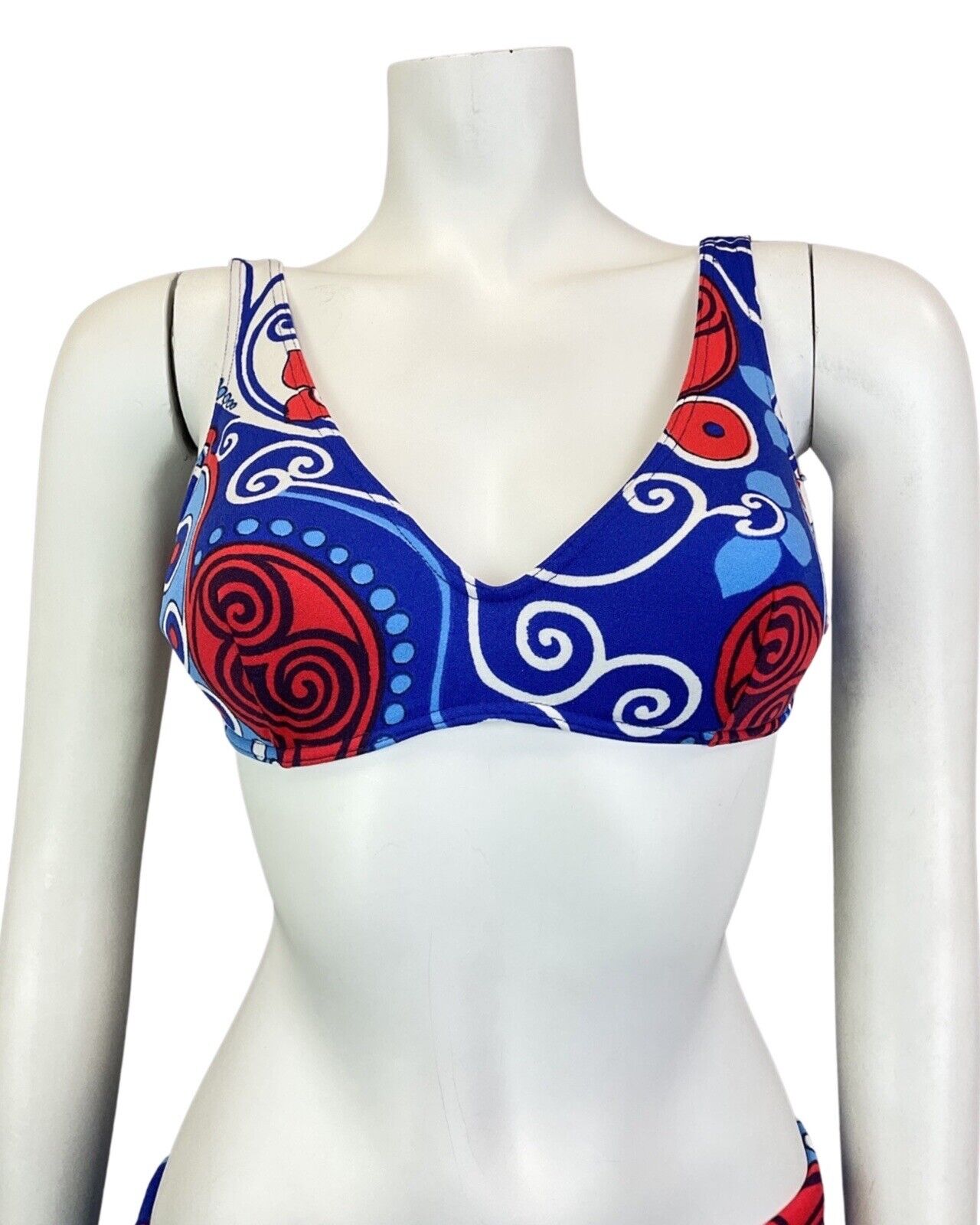 VINTAGE 60s BLUE RED WHITE PSYCHEDELIC SWIRL BIKINI SWIM SET BRALETTE SHORTS 4 6