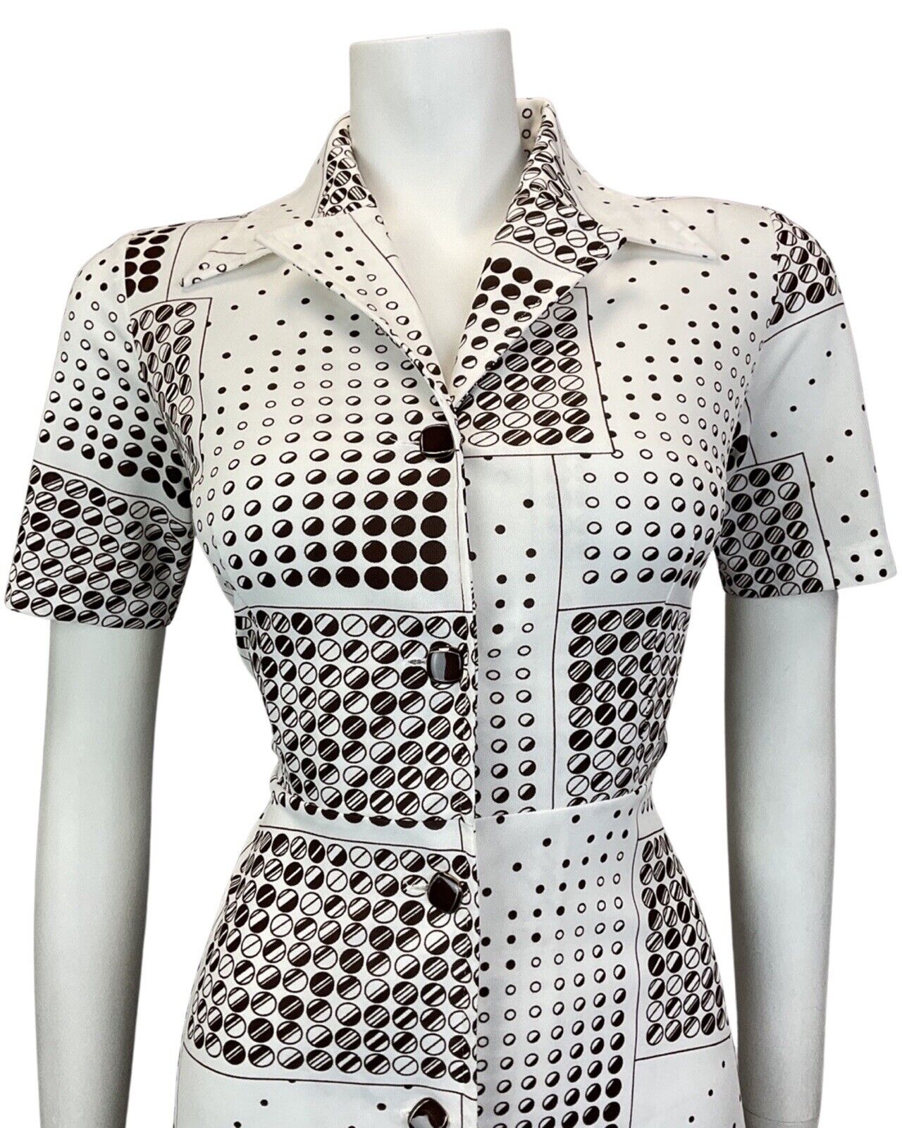VINTAGE 60s 70s WHITE BROWN DOTTY CIRCLE GEOMETRIC MOD DAGGER SHIRT DRESS 10 12