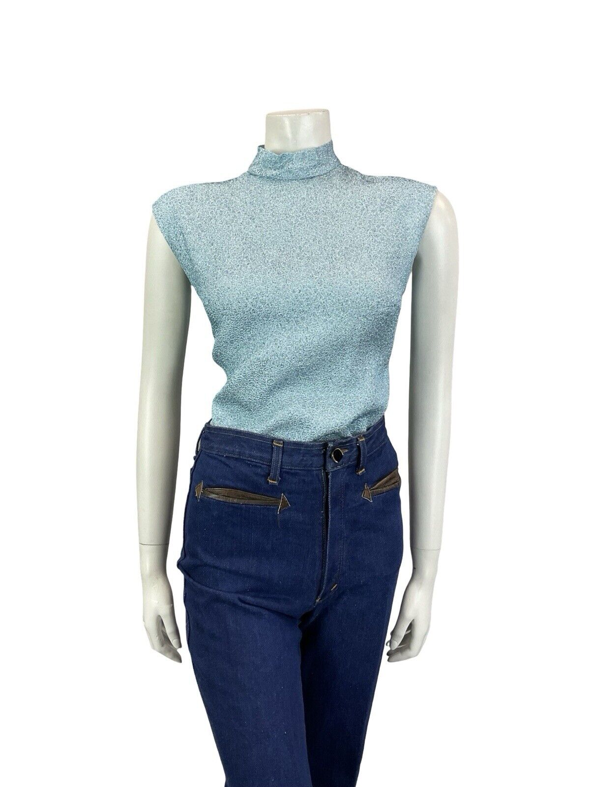 VTG 60S POWDER BLUE MOD GOGO LUREX SLEEVELESS FUNNEL NECK SHIFT PARTY TOP 10