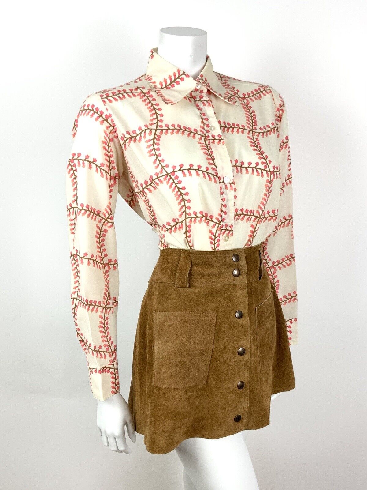 VINTAGE 60s 70s CREAM BROWN PINK GRID CHECKED FLORAL DAGGER SHIRT BLOUSE 14 16