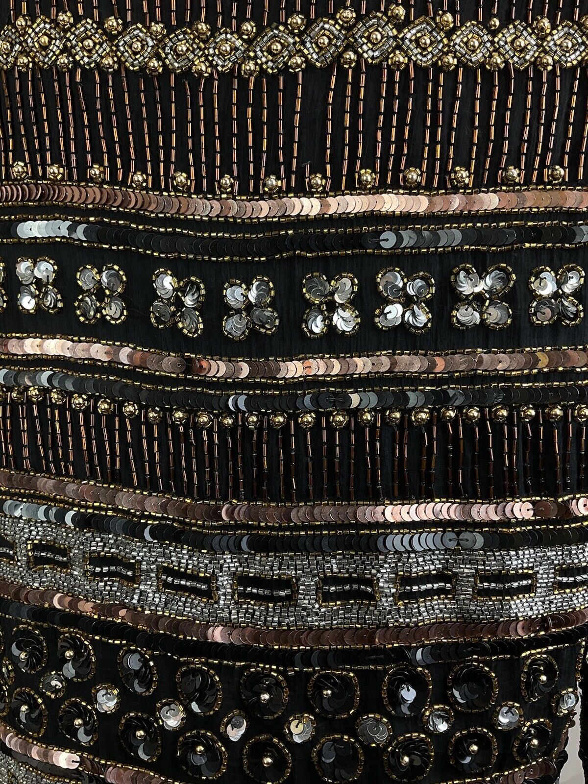 VTG 70s BLACK BRONZE SILVER DECO STRIPED BEADED SEQUIN PARTY TROPHY JACKET 8 10