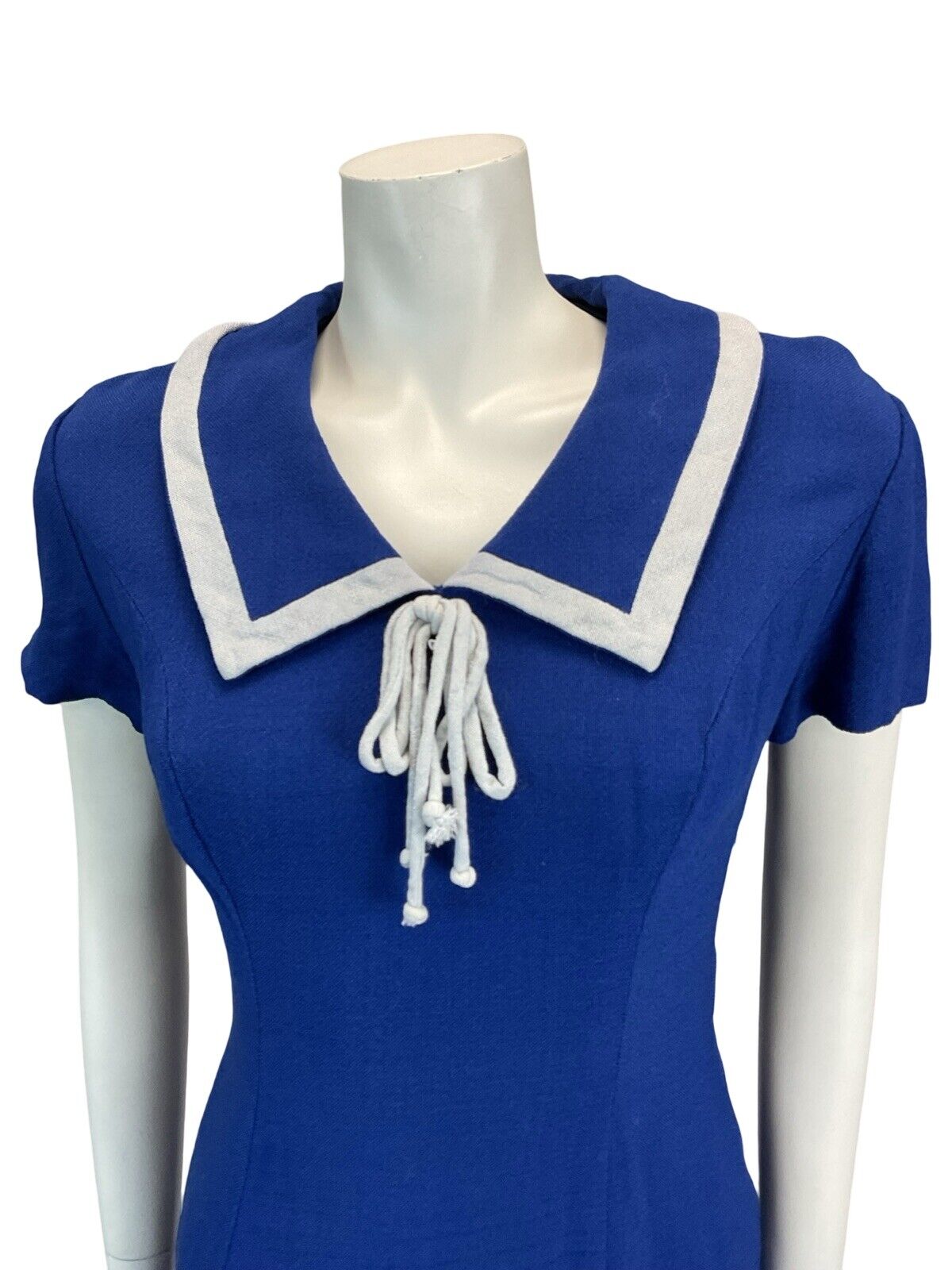 VTG 60S 70S ROYAL BLUE NAUTICAL LINEN FEEL MINI DRESS MOD GOGO SCOOTER 8 10