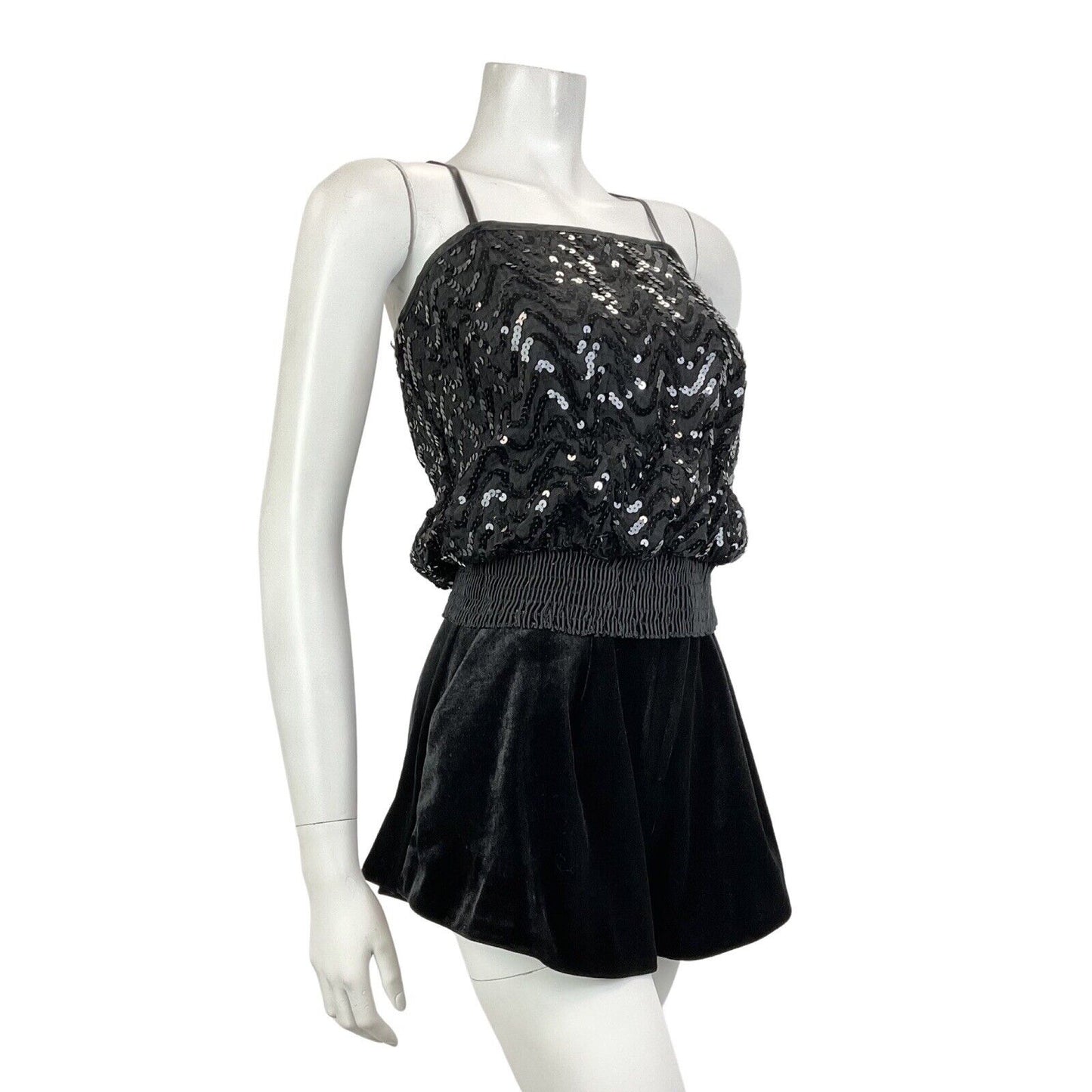 VINTAGE 70s BLACK WAVY SEQUIN BLOUSON SPAGHETTI STRAP STUDIO 54 DISCO TOP 8