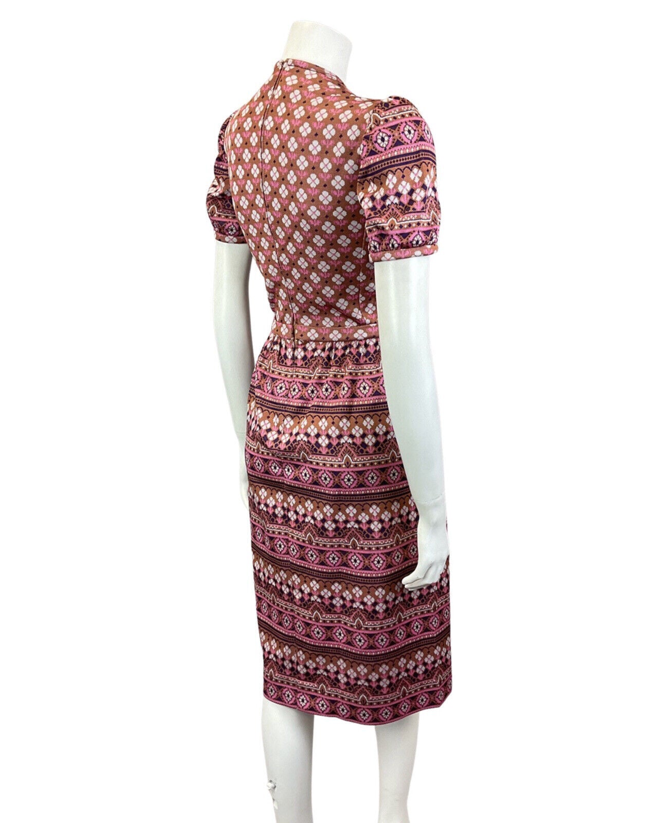 VINTAGE 60s 70s BROWN PINK WHITE GEOMETRIC DAISY LACE-UP BOHO FOLK MOD DRESS 10