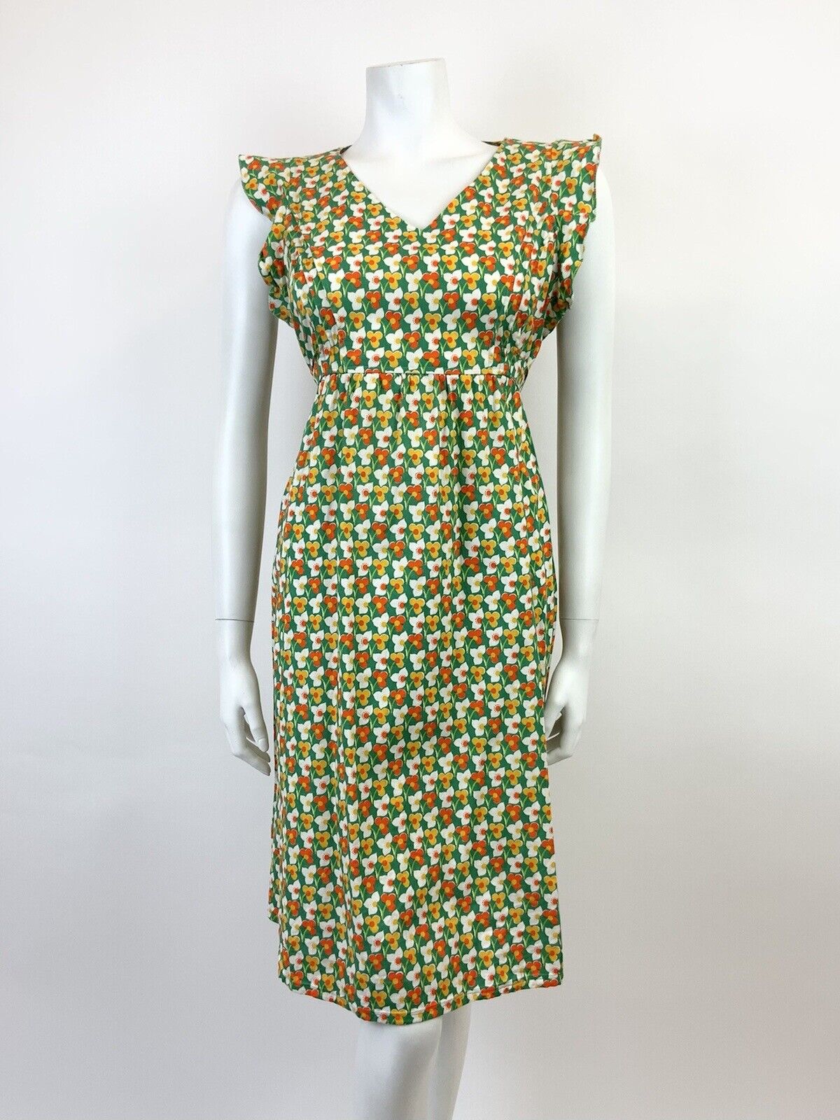 VTG 60s 70s GREEN WHITE ORANGE YELLOW FLORAL MOD SLEEVELESS SUMMER DRESS 12 14