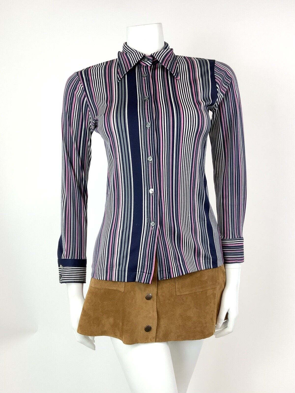 VINTAGE 60s 70s PURPLE BLACK BLUE WHITE STRIPED MOD DAGGER SHIRT BLOUSE 8 10