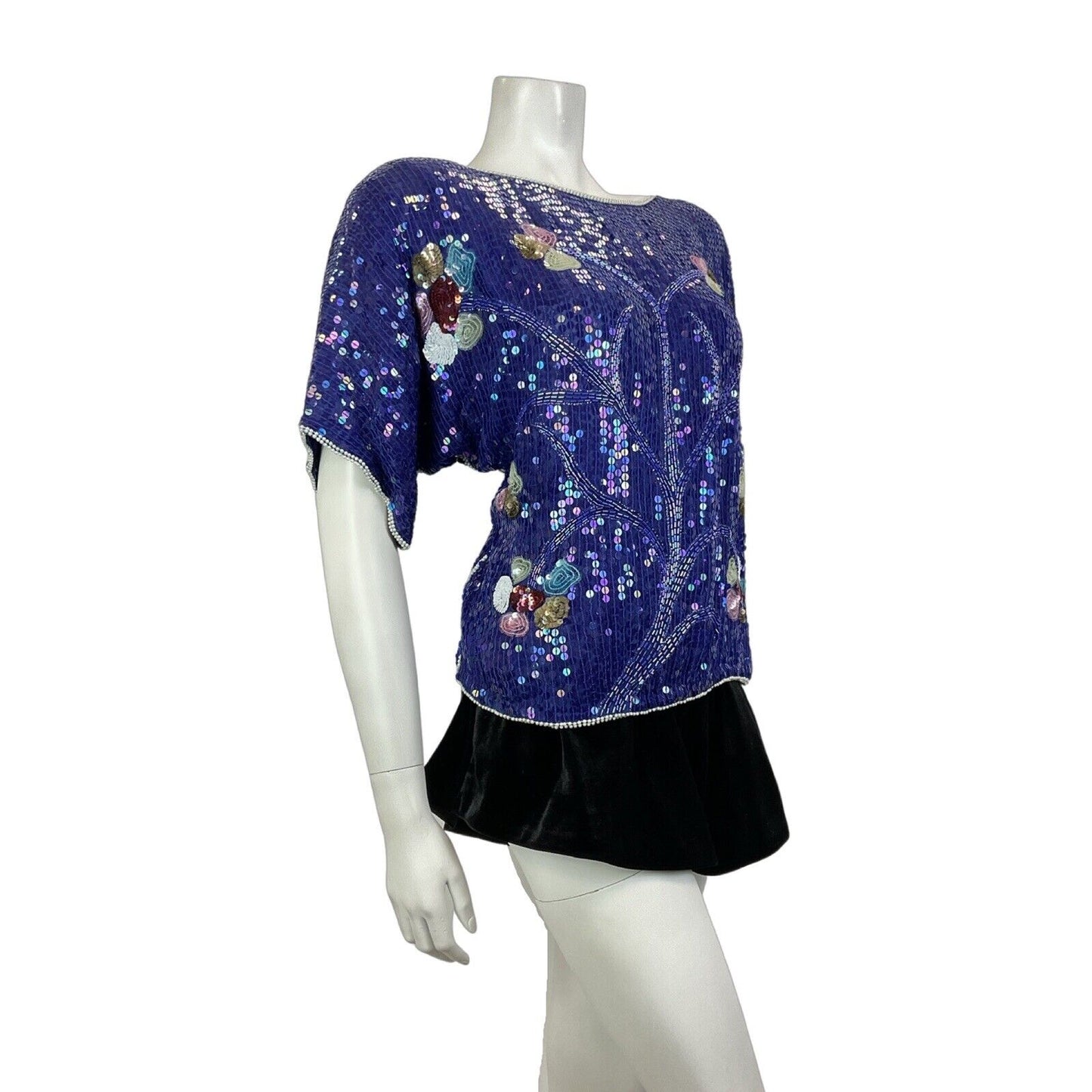 VINTAGE 60s 70s BLUE WHITE PINK GOLD SEQUIN BEADED FLORAL TREE DISCO TOP 14 16