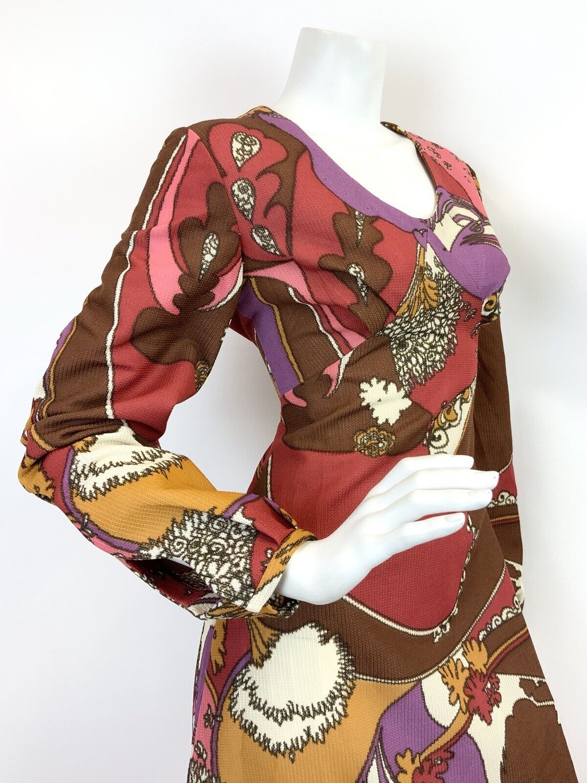 VINTAGE 60s 70s BROWN RED PINK PSYCHEDELIC SWIRL FLORAL MOD MAXI DRESS 10 12