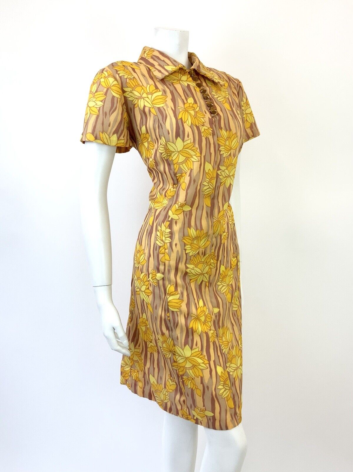 VINTAGE 60s 70s YELLOW BROWN BEIGE STRIPED FLORAL MOD SHIRT SHIFT DRESS 14 16