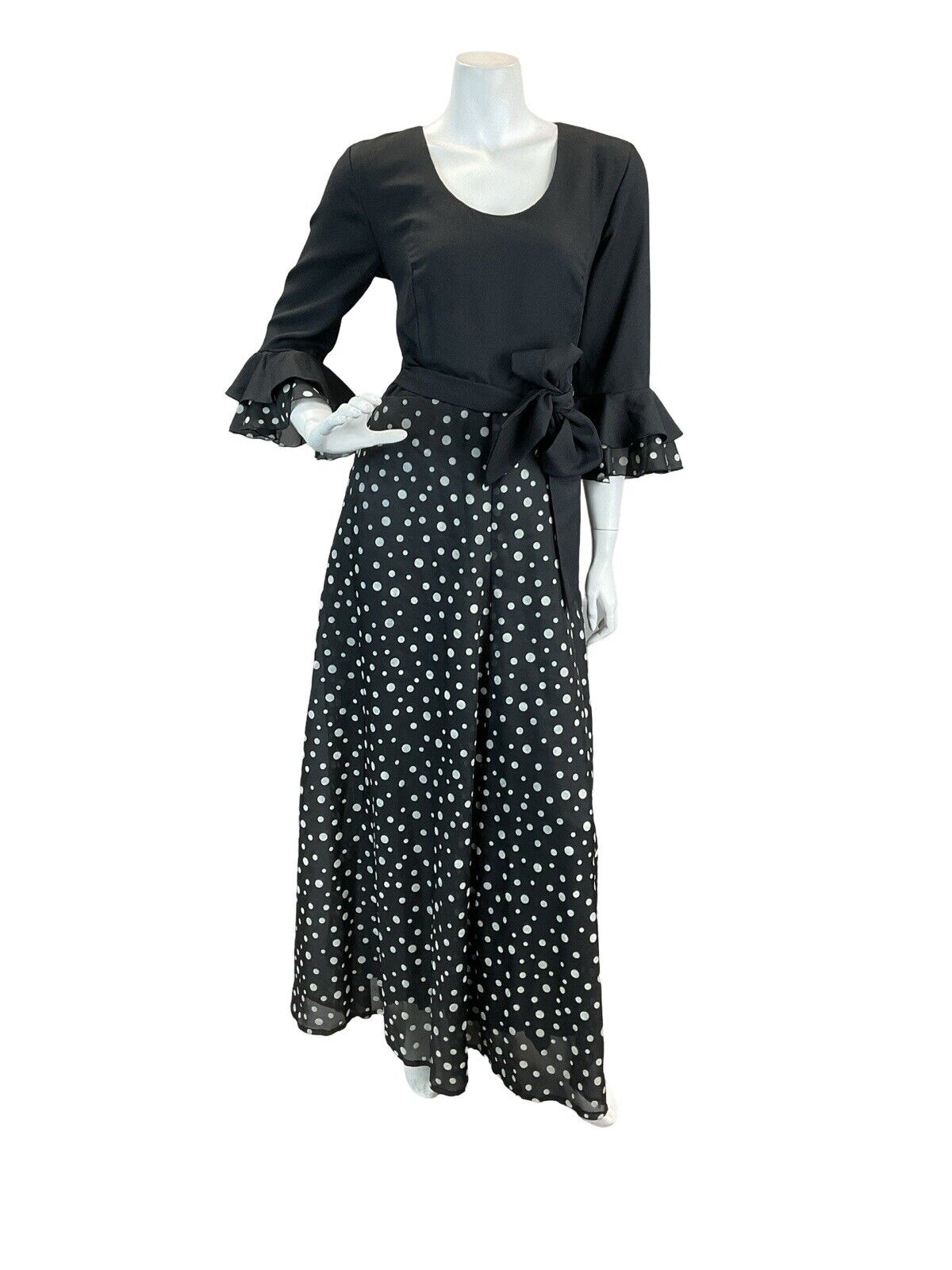 VTG 70S POLKA DOT FLAMENCO RUFFLE MAXI DRESS BLACK WHITE 10 12