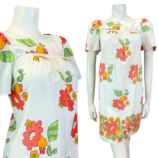 VINTAGE 60s 70s WHITE RED YELLOW FLORAL SUMMER MOD TENT YOKE DRESS 10