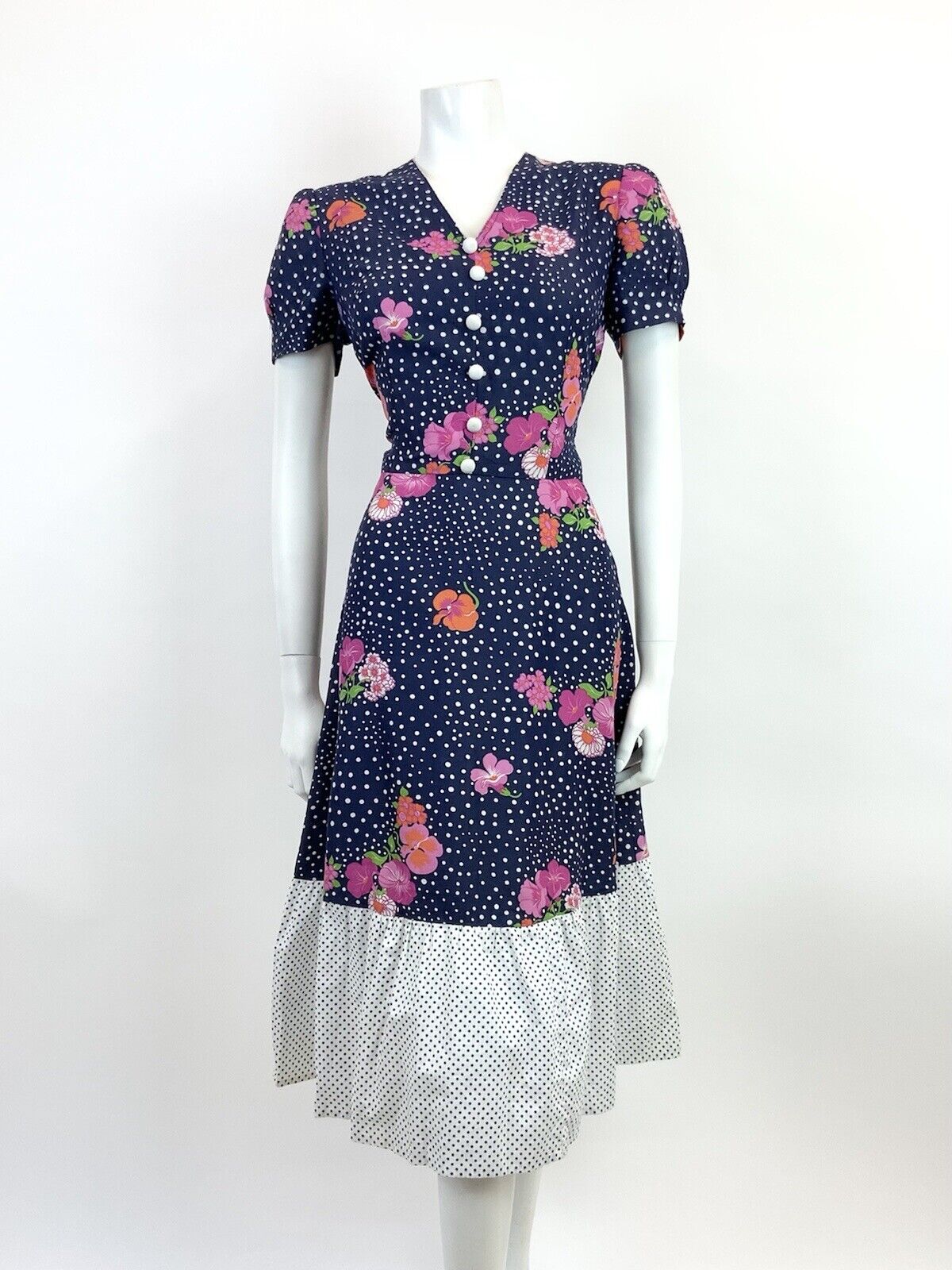 VINTAGE 60s NAVY BLUE WHITE PINK POLKA-DOT FLORAL RUFFLED MIDI DRESS 12