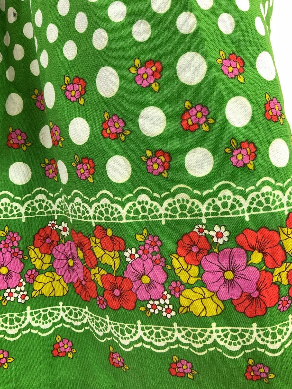 VTG 60s 70s GREEN WHITE PINK POLKA-DOT FLORAL LACE BOHO FOLK A-LINE DRESS 10 12
