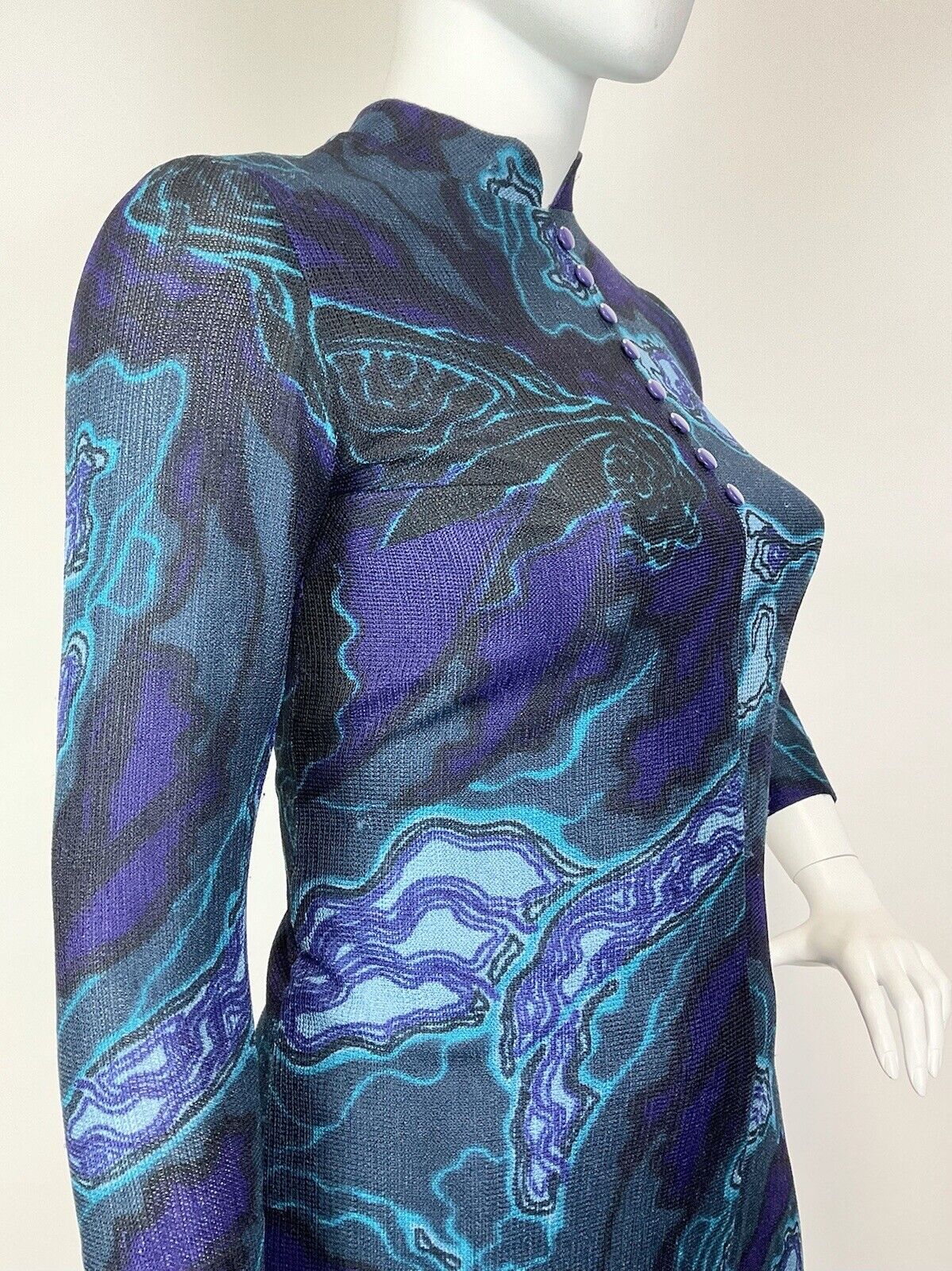 VINTAGE 60s 70s BLUE PURPLE BLACK PSYCHEDELIC GEODE MOD MANDARIN COLLAR DRESS 16