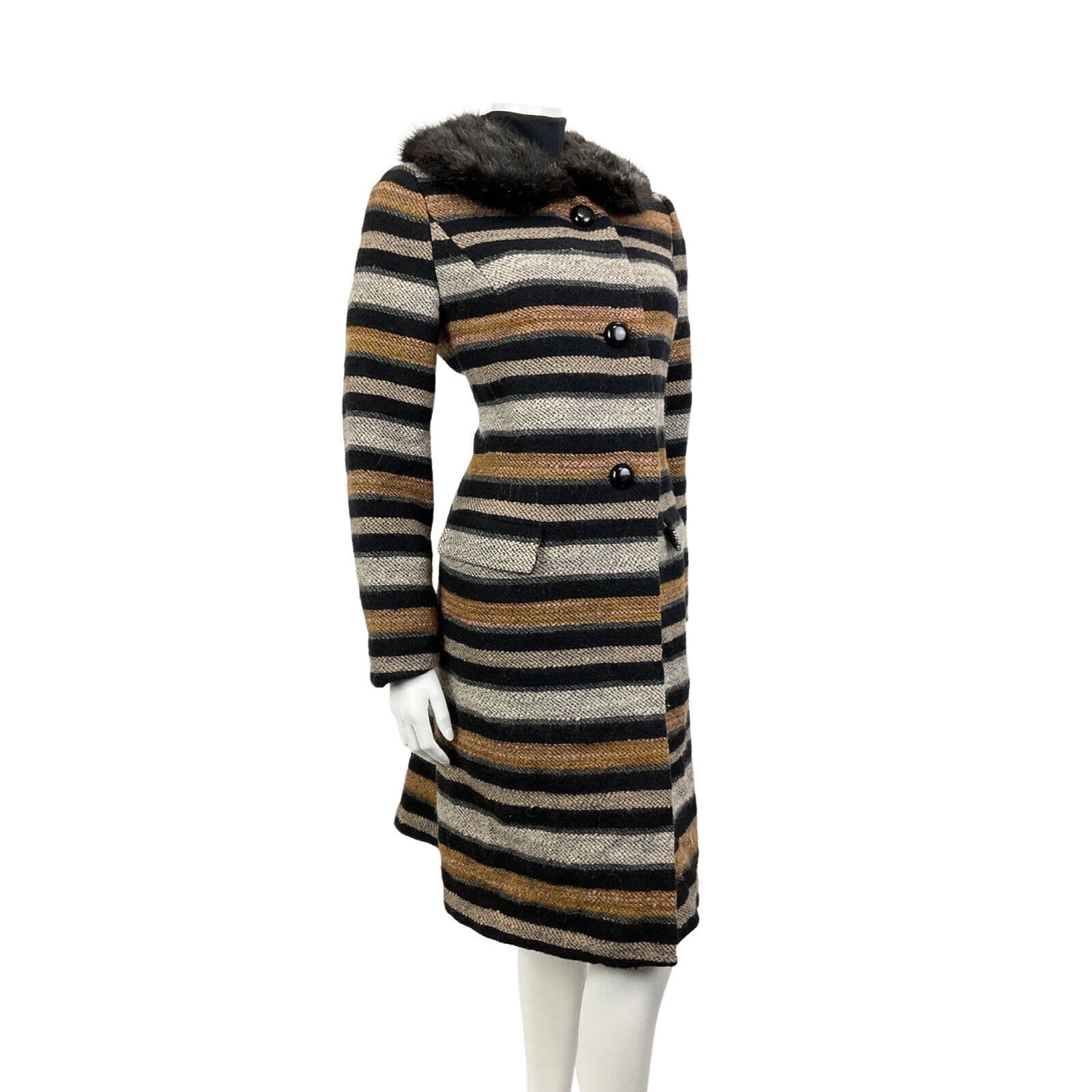 VINTAGE 60s 70s BLACK WHITE ORANGE STRIPED FUR COLLAR MOD WOOL SWING COAT 14 16