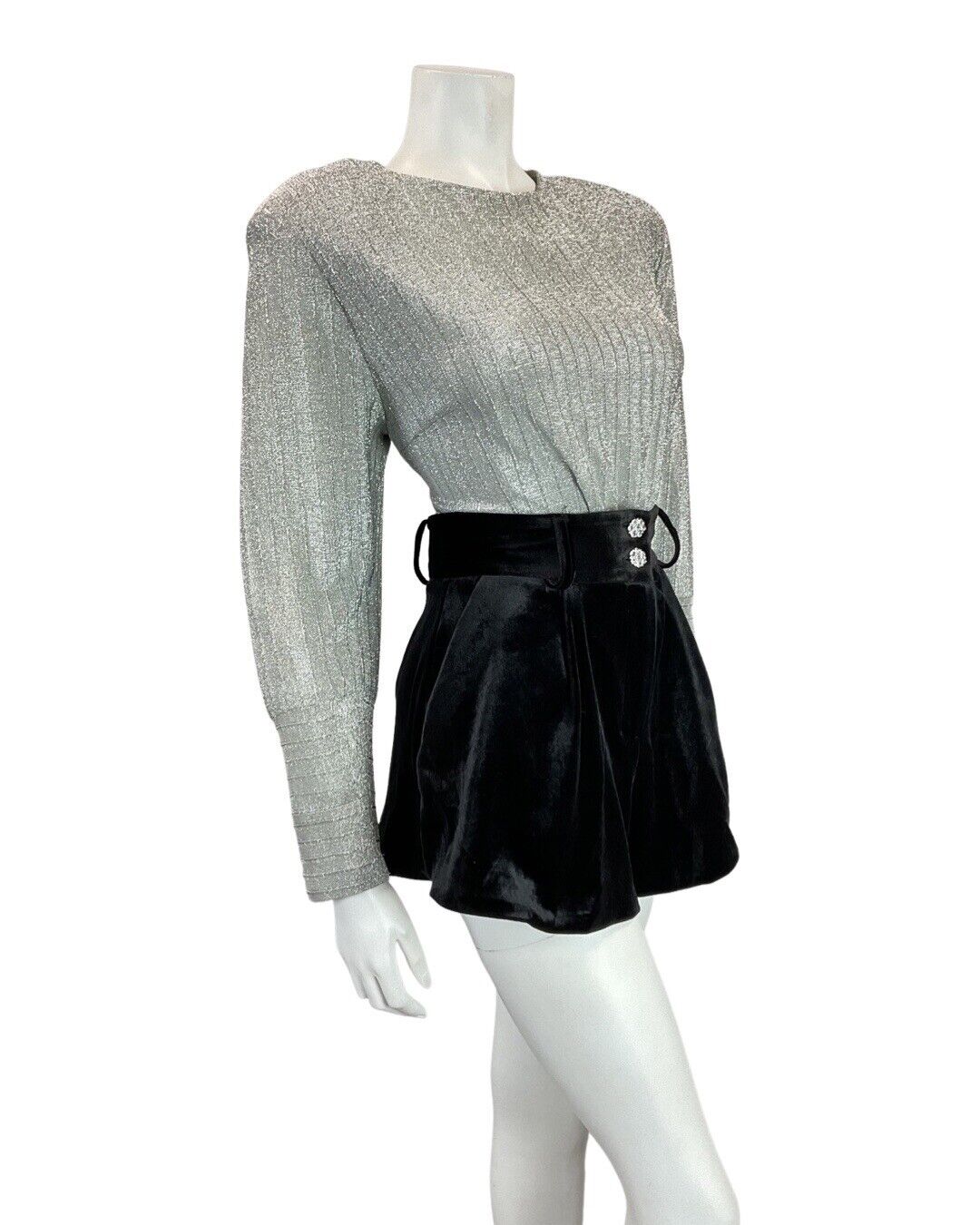 VINTAGE 60s 70s SILVER DISCO PARTY LUREX LONG-SLEEVE BLOUSE TOP 14 16
