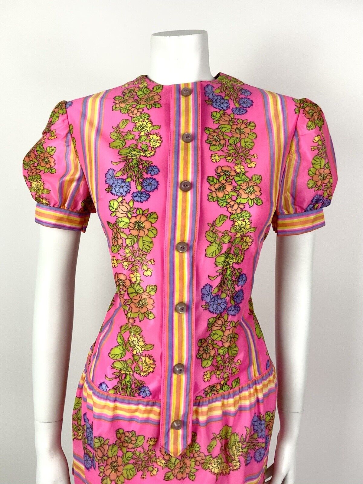VTG 60s 70s NEON PINK YELLOW PURPLE STRIPED FLORAL MOD DROP WAIST DRESS 10 12