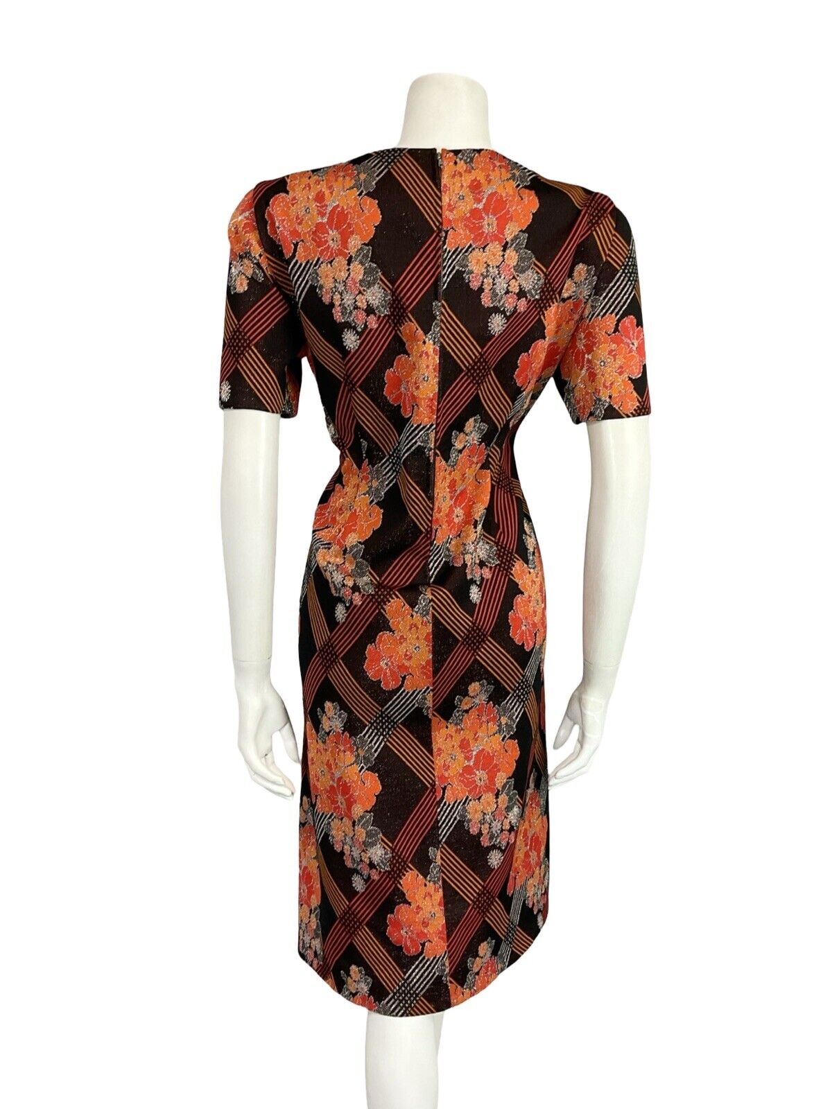 VTG MOD 60S BLACK ORANGE SILVER GLITTER FLORAL CHECKED PARTY MIDI DRESS 16