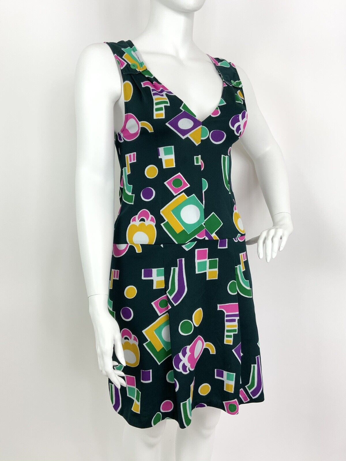 VINTAGE 60s 70s GREEN PINK YELLOW GEOMETRIC MOD PLUNGING SLEEVELESS DRESS 14 16