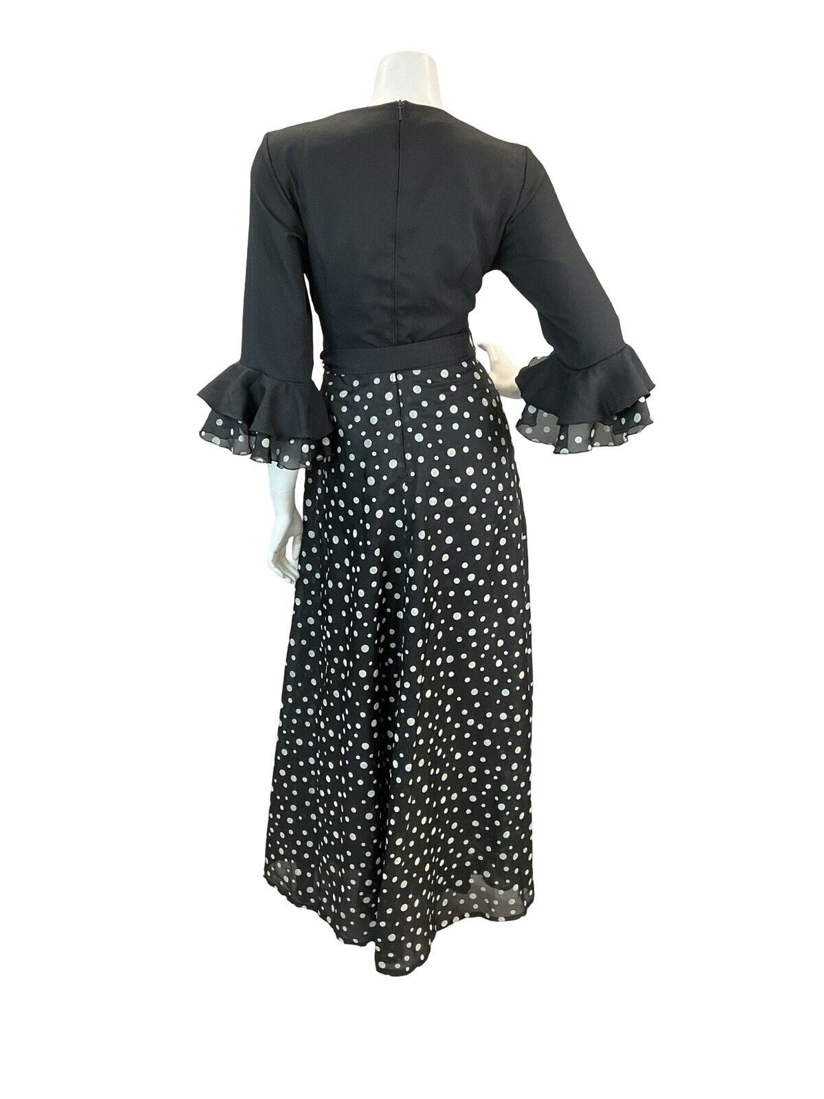 VTG 70S POLKA DOT FLAMENCO RUFFLE MAXI DRESS BLACK WHITE 10 12