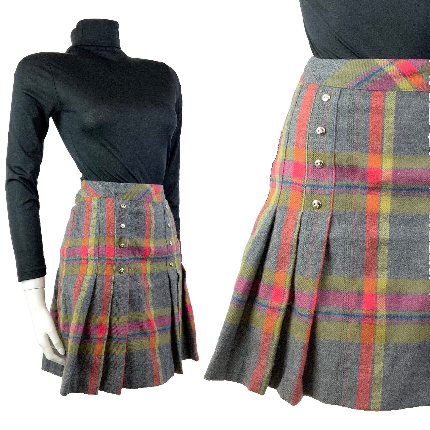VINTAGE 60s 70s GREY YELLOW RED PLAID CHECKED MOD PREPPY PLEATED SHORT SKIRT 8