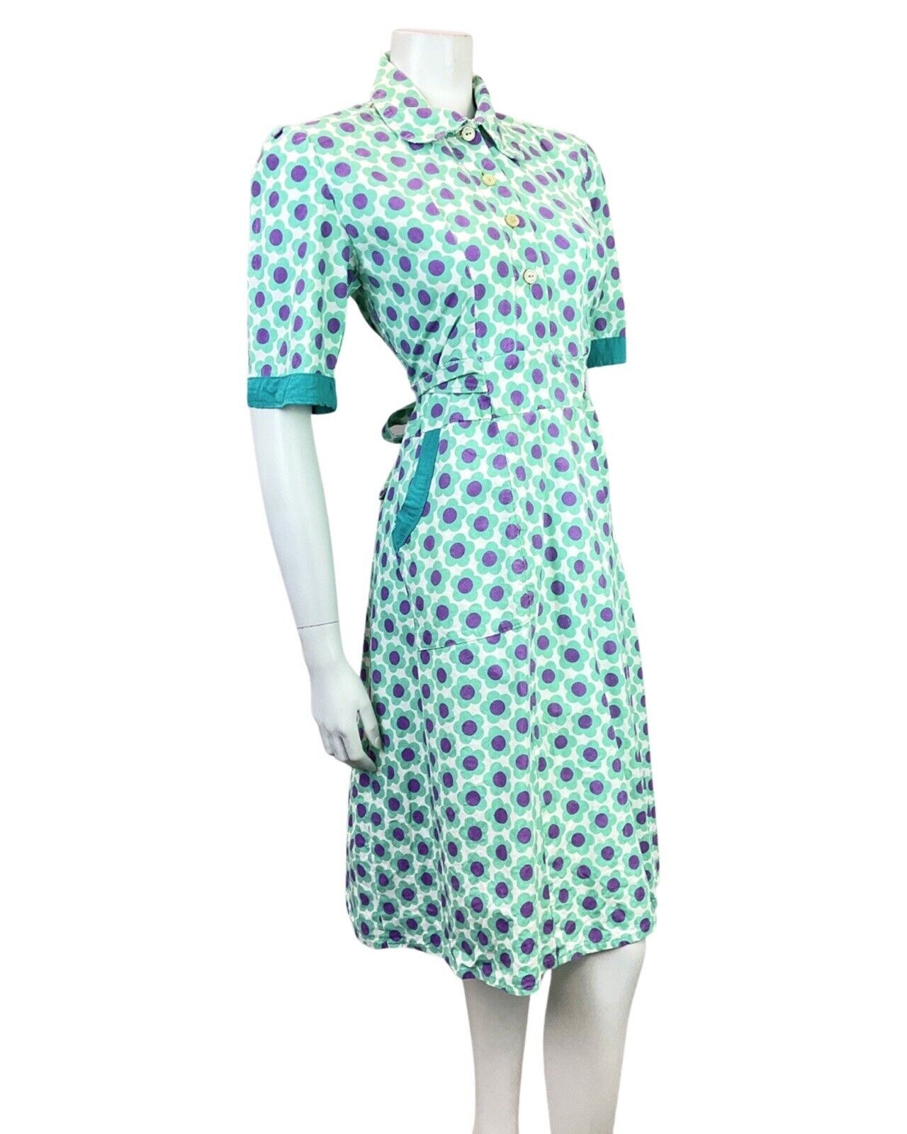 VINTAGE 60s 70s MINT PURPLE DAISY FLOWER MOD PETER PAN COLLAR SHIRT DRESS 14
