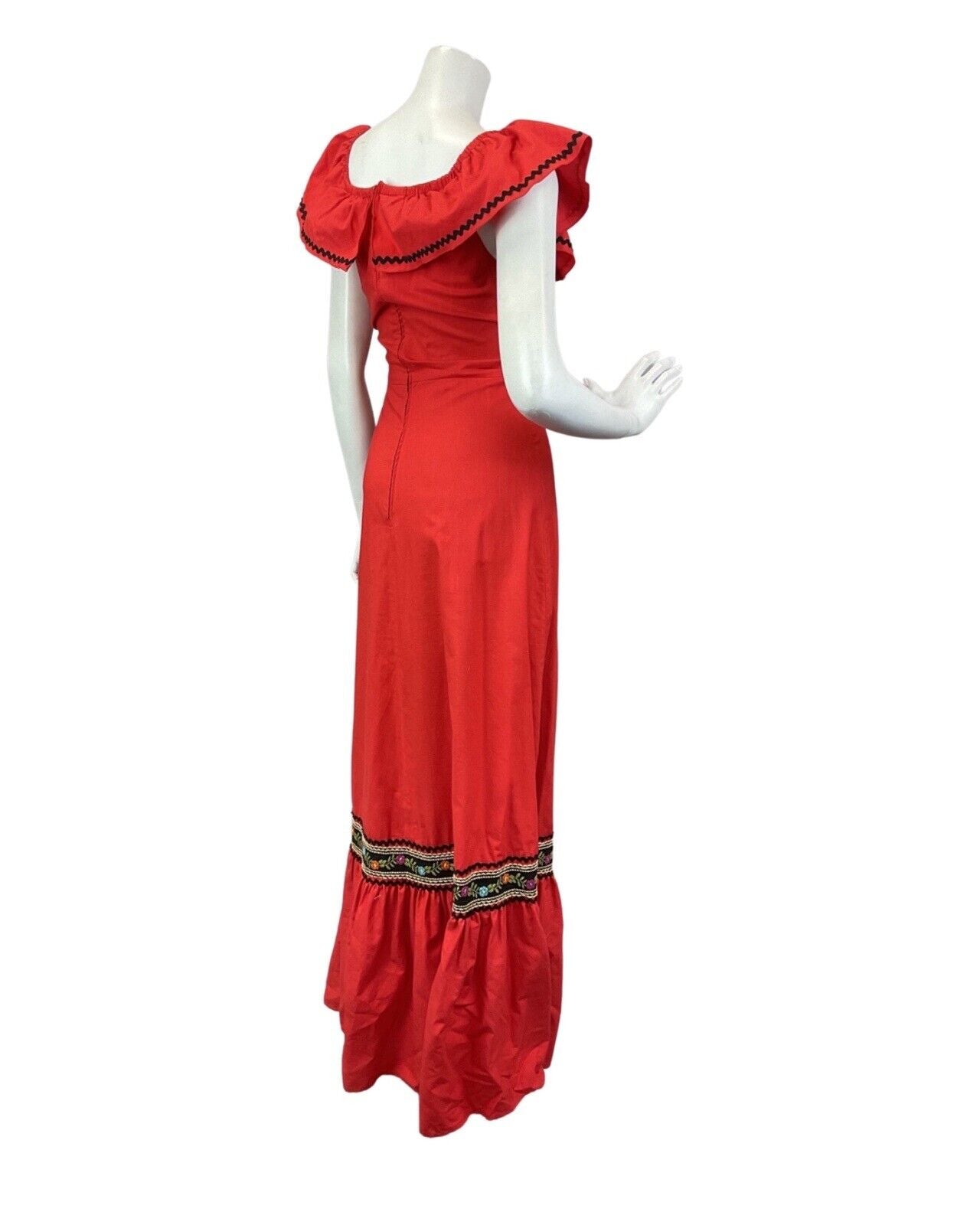 VINTAGE 60s 70s RED BLACK RIC-RAC FLORAL BARDOT RUFFLE BOHO FOLK MAXI DRESS 8