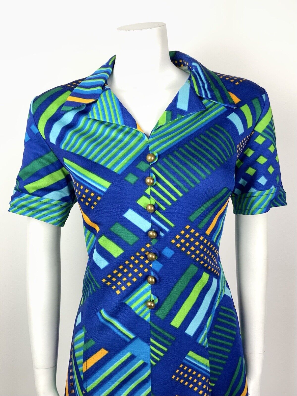 VINTAGE 60s 70s BLUE GREEN ORANGE GOLD GEOMETRIC STRIPED MOD SHIRT DRESS 16