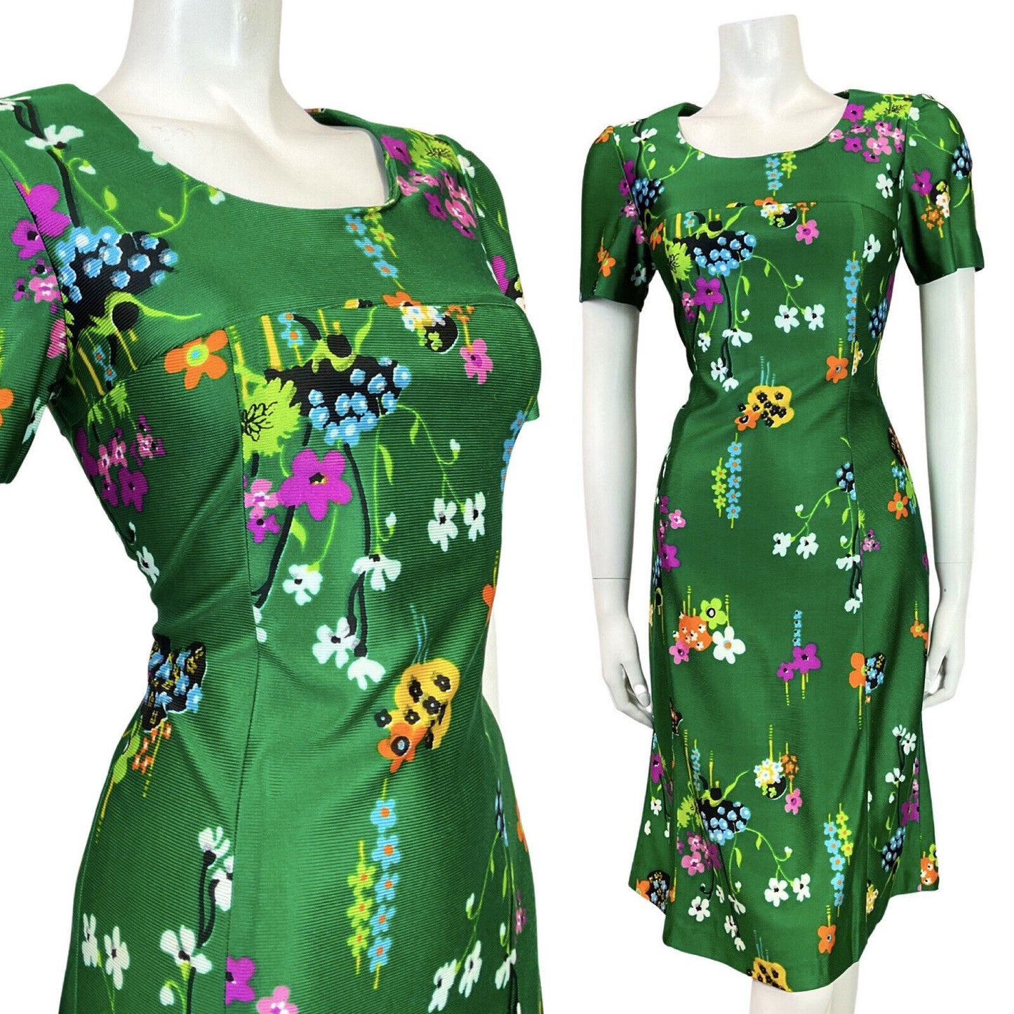 VINTAGE 60s 70s GREEN PURPLE BLACK FLORAL DAISY MOD DRESS 8 10