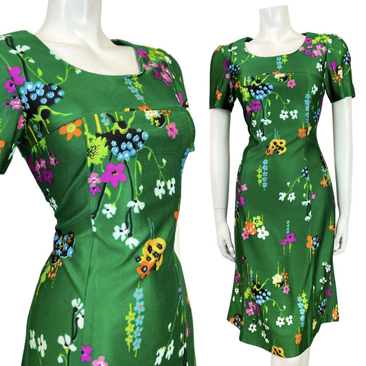 VINTAGE 60s 70s GREEN PURPLE BLACK FLORAL DAISY MOD DRESS 8 10