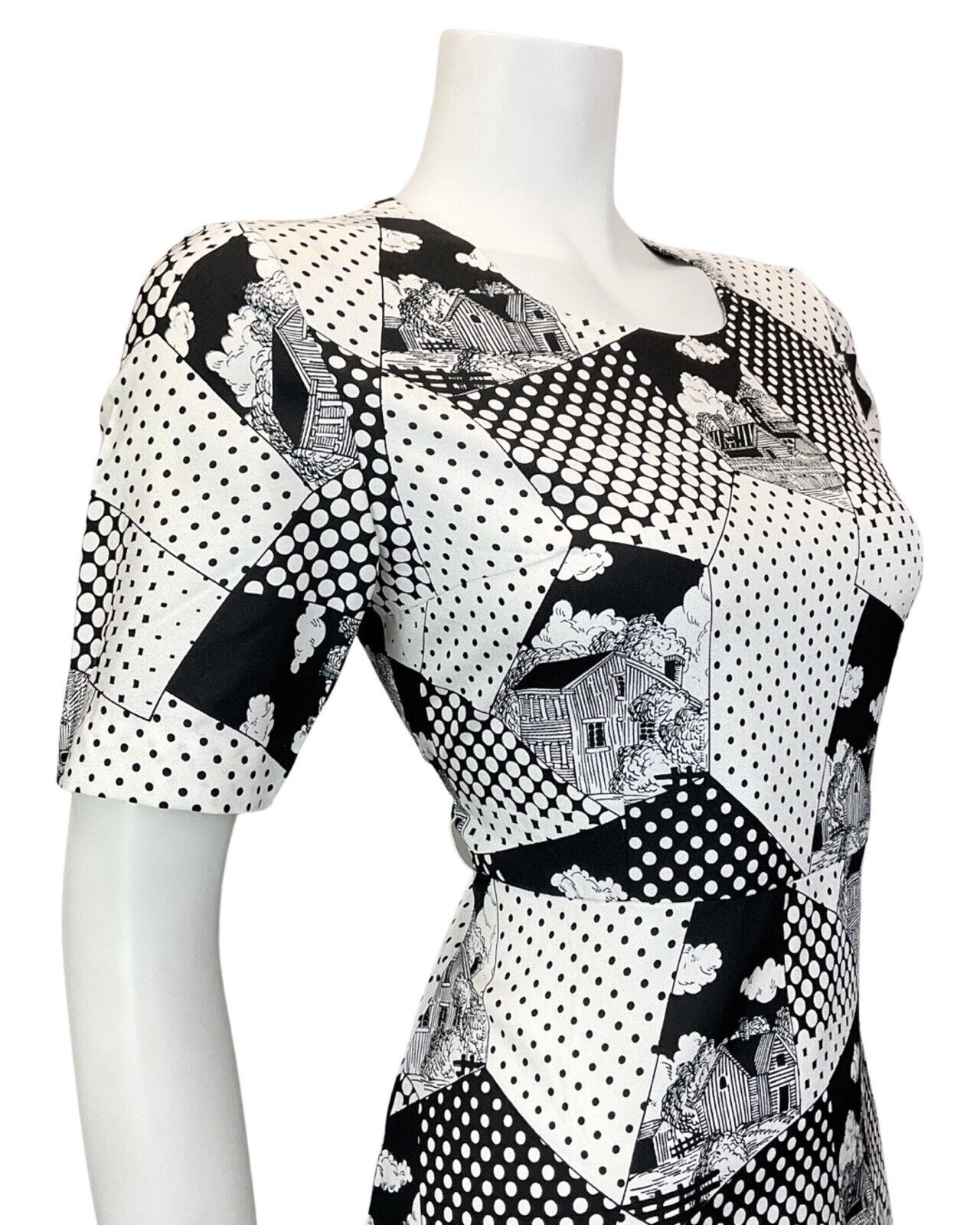 VINTAGE 60s 70s WHITE BLACK POLKA-DOT COTTAGE GEOMETRIC MOD SWING DRESS 10 12