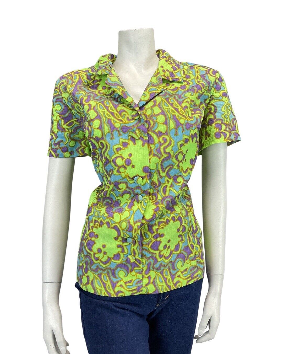 VINTAGE 60s 70s LIME GREEN PURPLE BLUE PSYCHEDELIC FLORAL MOD BLOUSE TOP 16 18