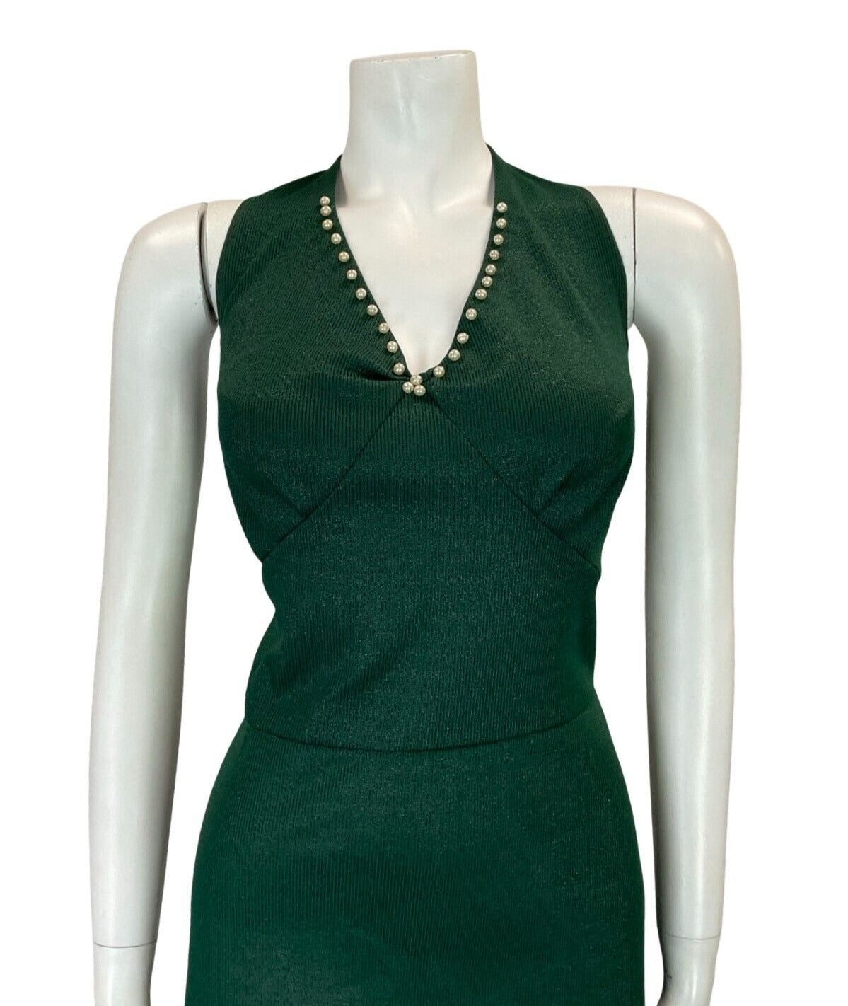 VTG 70S FOREST GREEN GLITTER LUREX PEARLS HALTER NECK MIDI DRESS SIZE 12 14 M