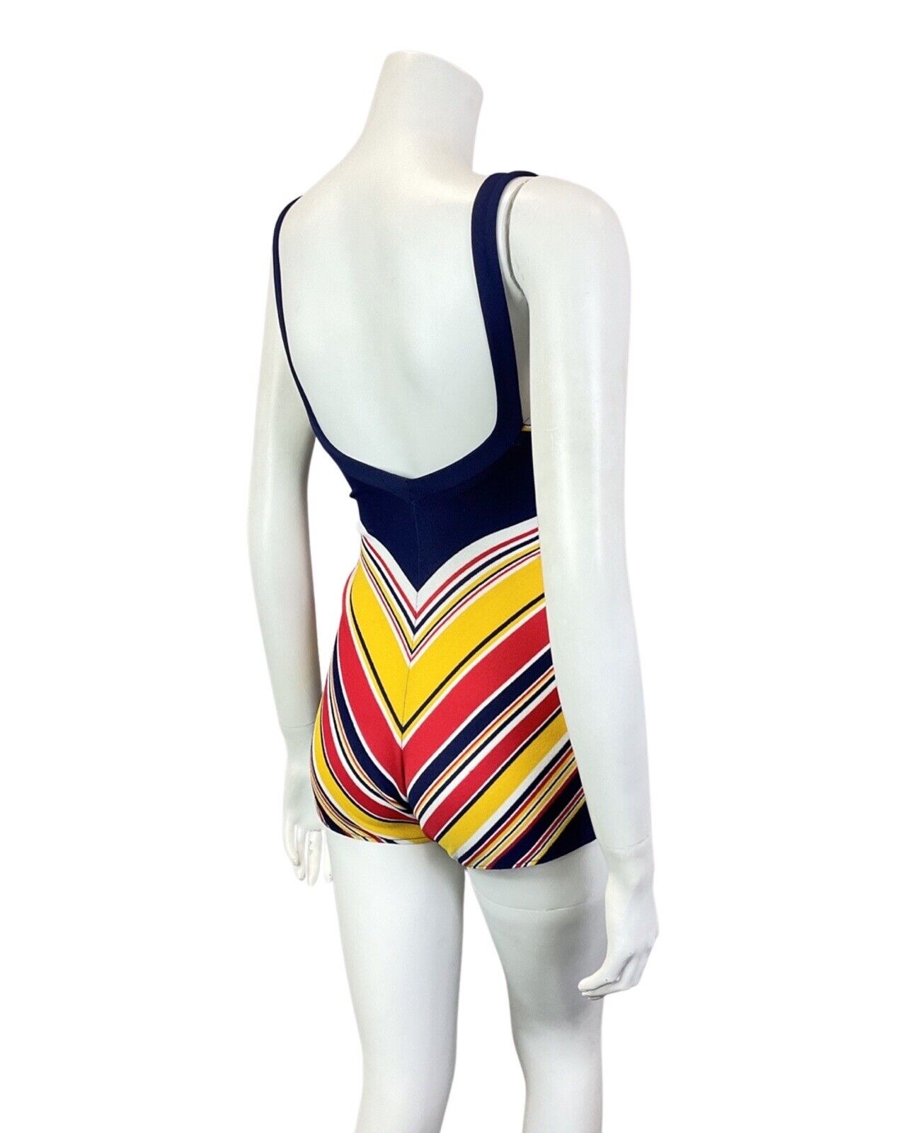 VINTAGE 60s 70s BLUE YELLOW RED STRIPED CHEVRON MOD BOY SHORT SWIMSUIT 12 14