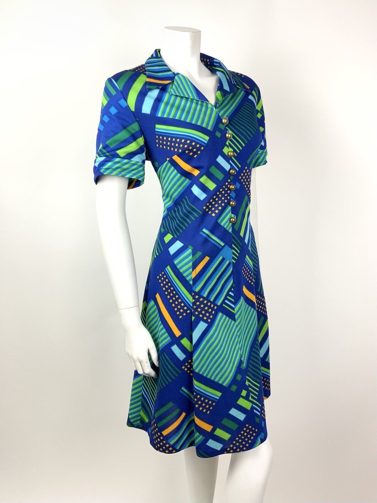 VINTAGE 60s 70s BLUE GREEN ORANGE GOLD GEOMETRIC STRIPED MOD SHIRT DRESS 16