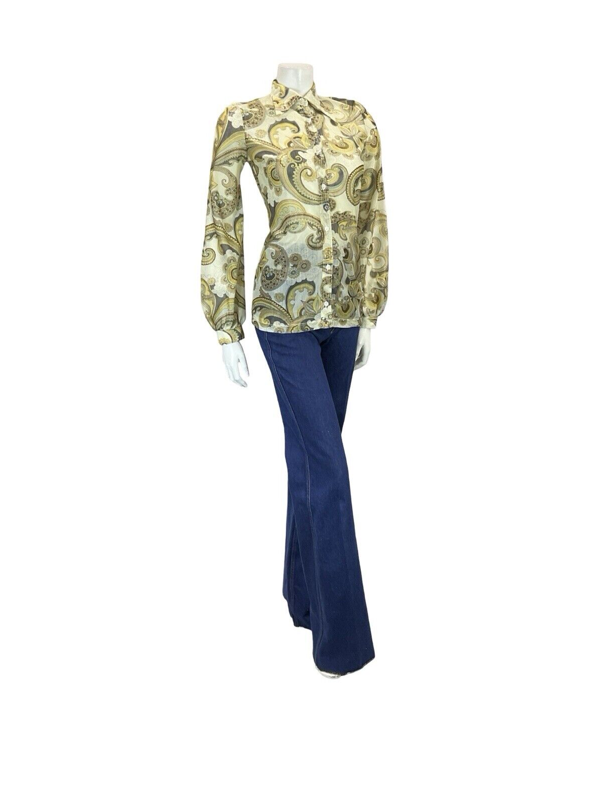 VTG 60S 70S CREAM YELLOW BLACK PSYCHEDELIC SHIMMERY DAGGER COLLAR PARTY SHIRT 6