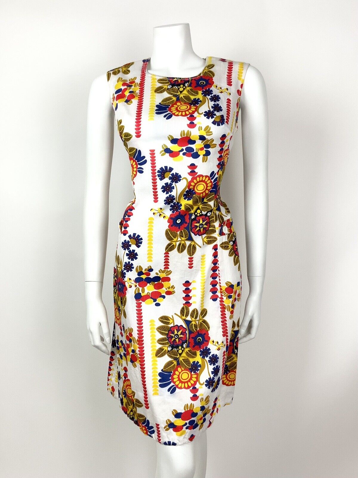 VINTAGE 60s 70s WHITE RED BLUE YELLOW GOLD FLORAL GEOMETRIC MOD DRESS 10 12