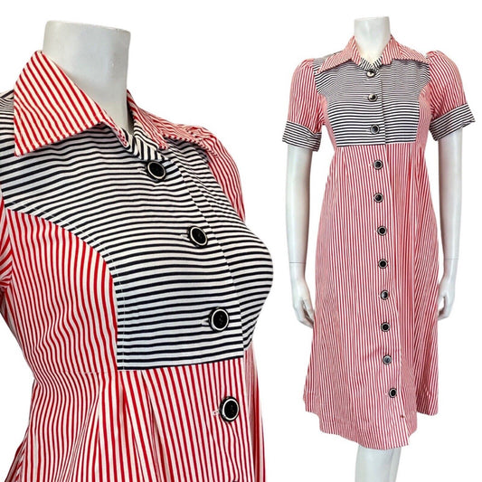 VINTAGE 60s 70s RED WHITE BLACK STRIPED BELTED MOD DAGGER MIDI SHIRT DRESS 8 10