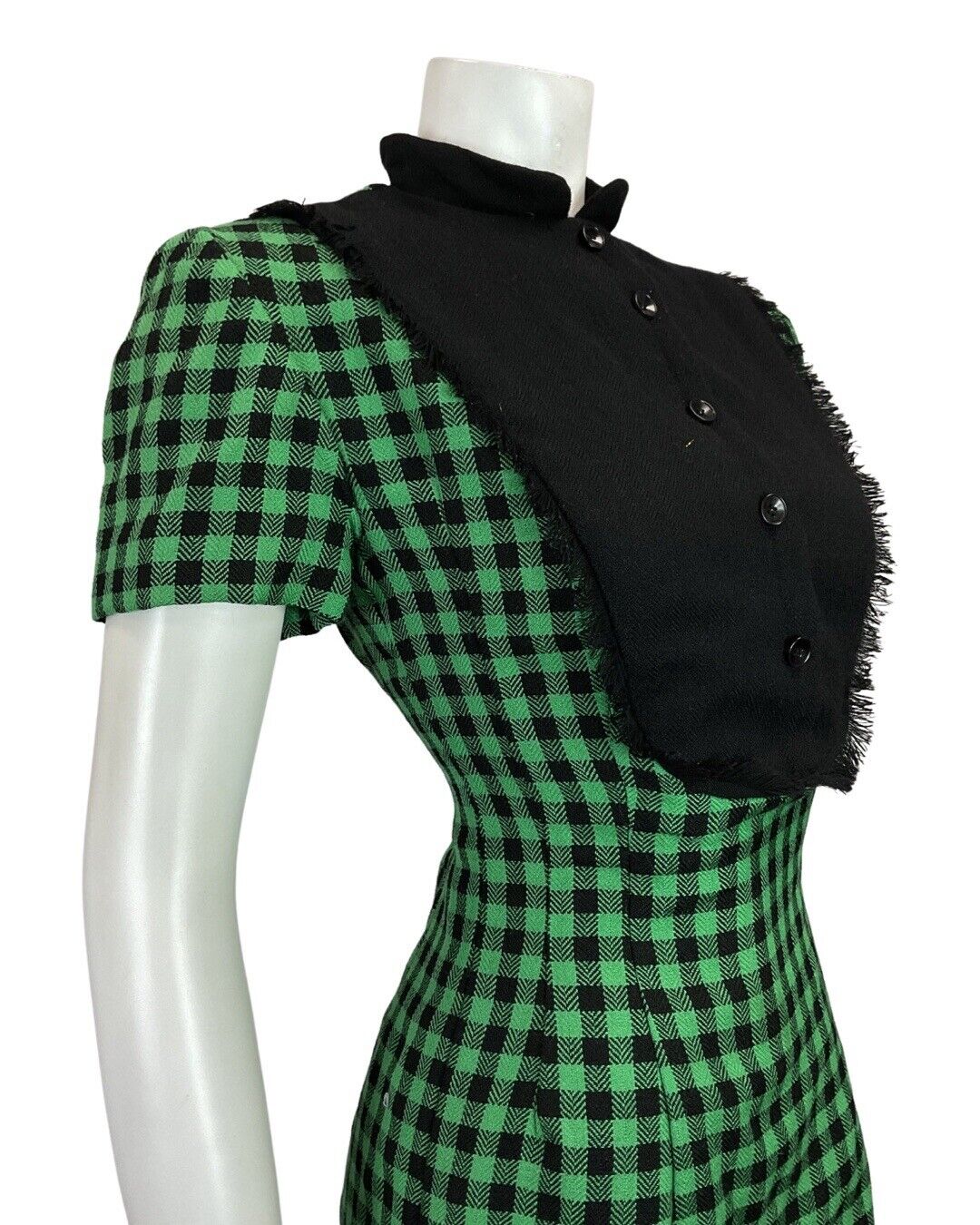 VINTAGE 60s 70s GREEN BLACK GINGHAM CHECKED MOD FITTED DRESS 8 10