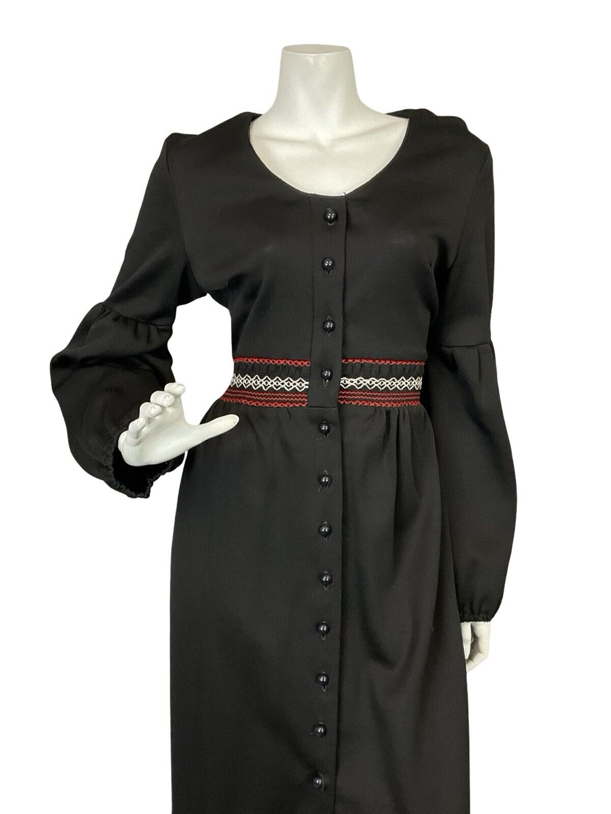 VTG 70S BLACK WHITE RED RUCHING JULIET SLEEVE BOHO HIPPY BUTTON UP MAXI DRESS 10