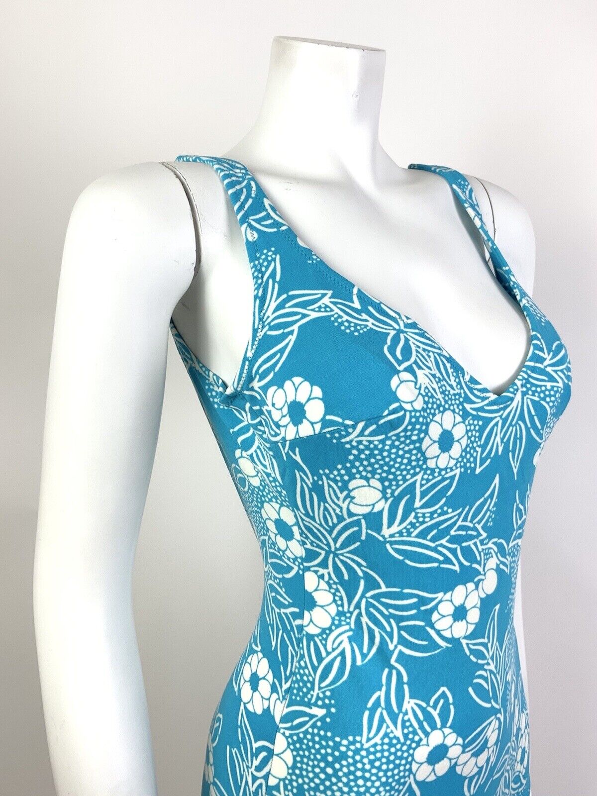 VTG 60s 70s BLUE WHITE FLORAL LEAFY MOD LOW-RISE SWIM BODY SUIT 9 10
