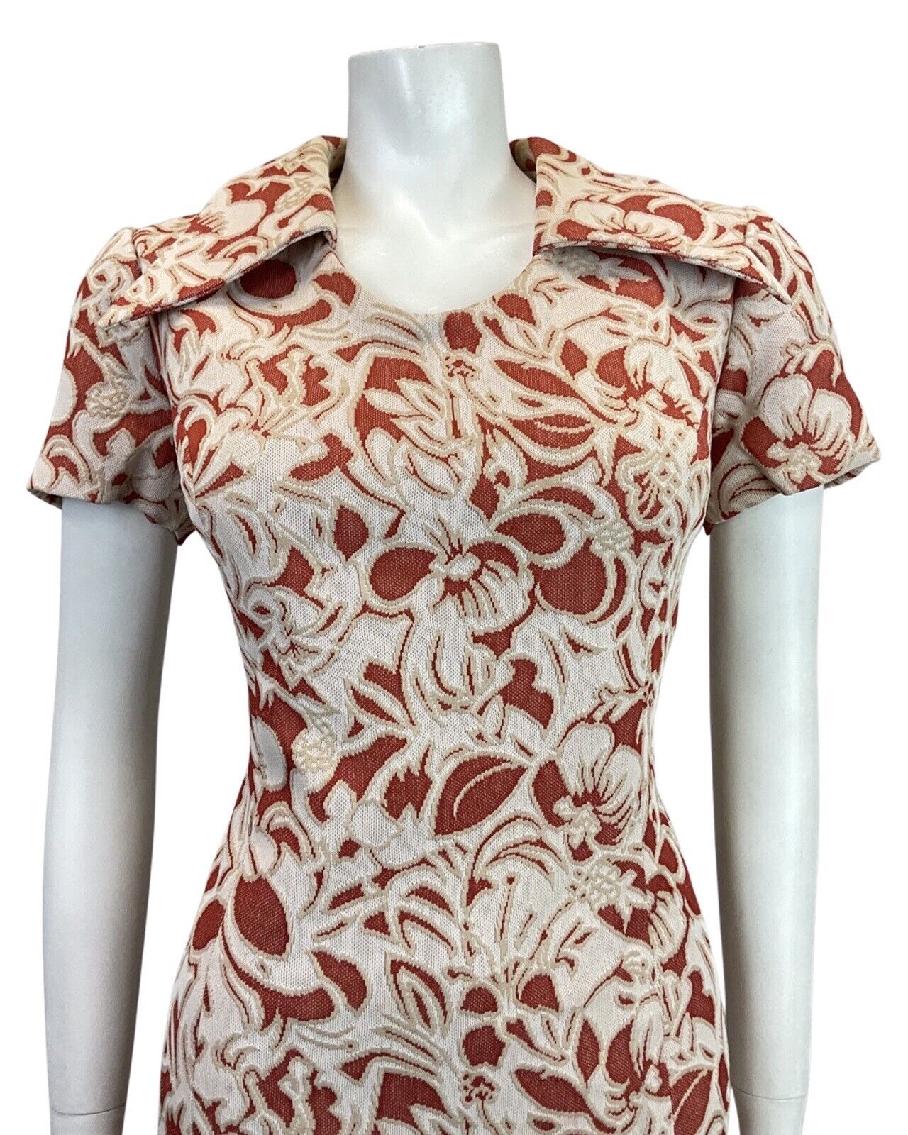 VINTAGE 60s 70s CREAM WHITE RED FLORAL PSYCHEDELIC MOD DAGGER COLLAR DRESS 14