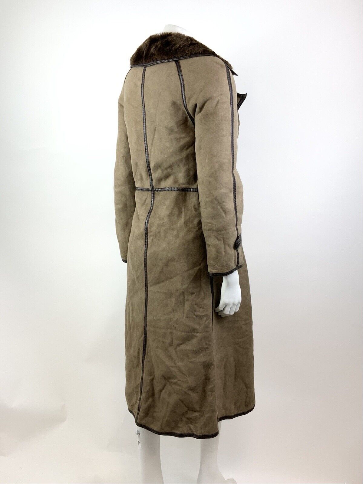 VTG 70s LIGHT BROWN PANELLED TIE WAIST SUEDE LEATHER DAGGER COLLAR COAT 8 10