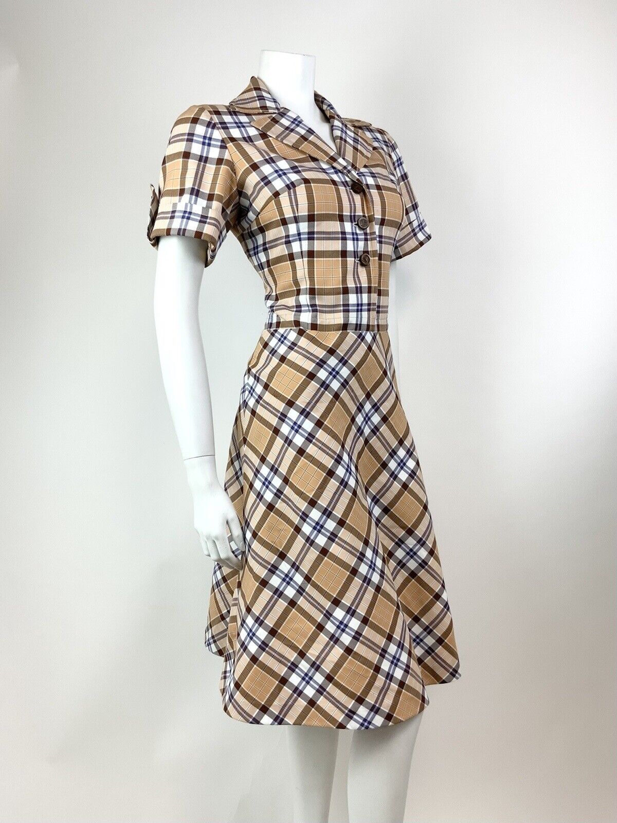 VINTAGE 60s 70s BROWN CREAM WHITE TARTAN PLAID CHECKED MOD SHIRT DRESS 10 12